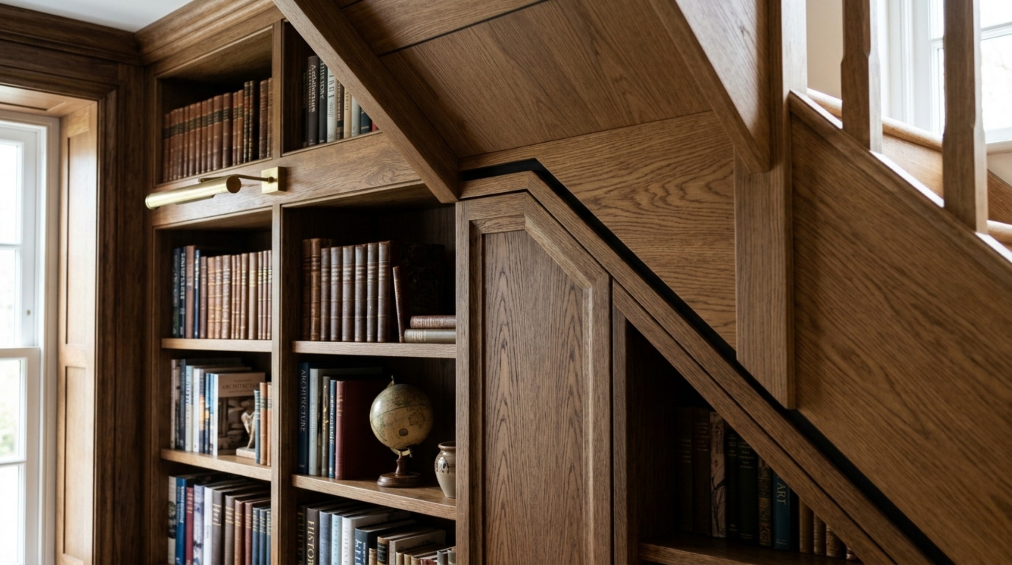 Detailed shot of custom joinery for awkward spaces featuring a pull-out storage drawer and seamless shadow gap detailing. Detailed shot of custom joinery for awkward spaces featuring a pull-out storage drawer and seamless shadow gap detailing.