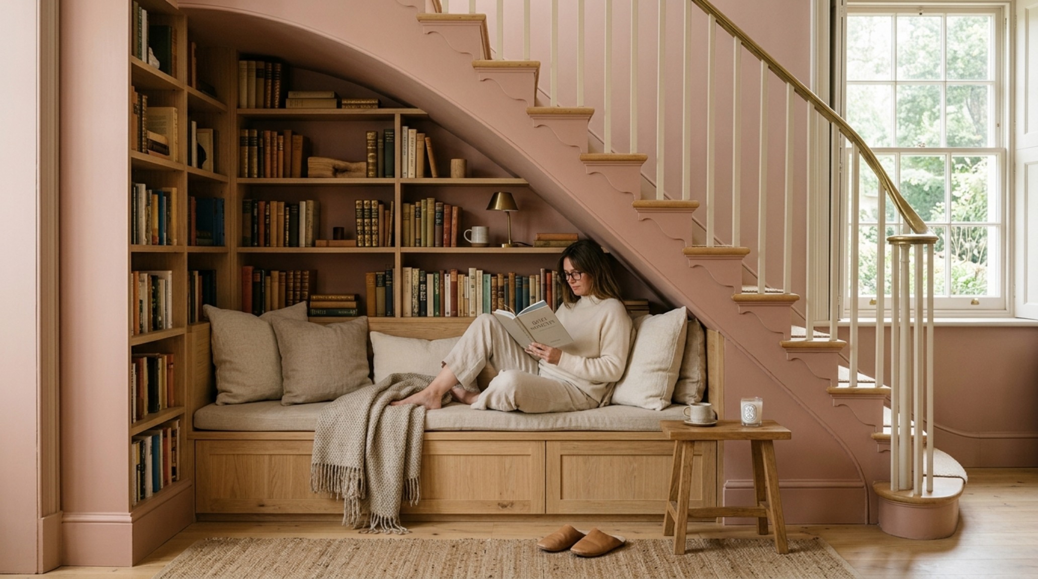 Dark Academia inspired staircase library with floor-to-ceiling shelving, a rolling ladder, and warm ambient 2700K glow. Dark Academia inspired staircase library with floor-to-ceiling shelving, a rolling ladder, and warm ambient 2700K glow.