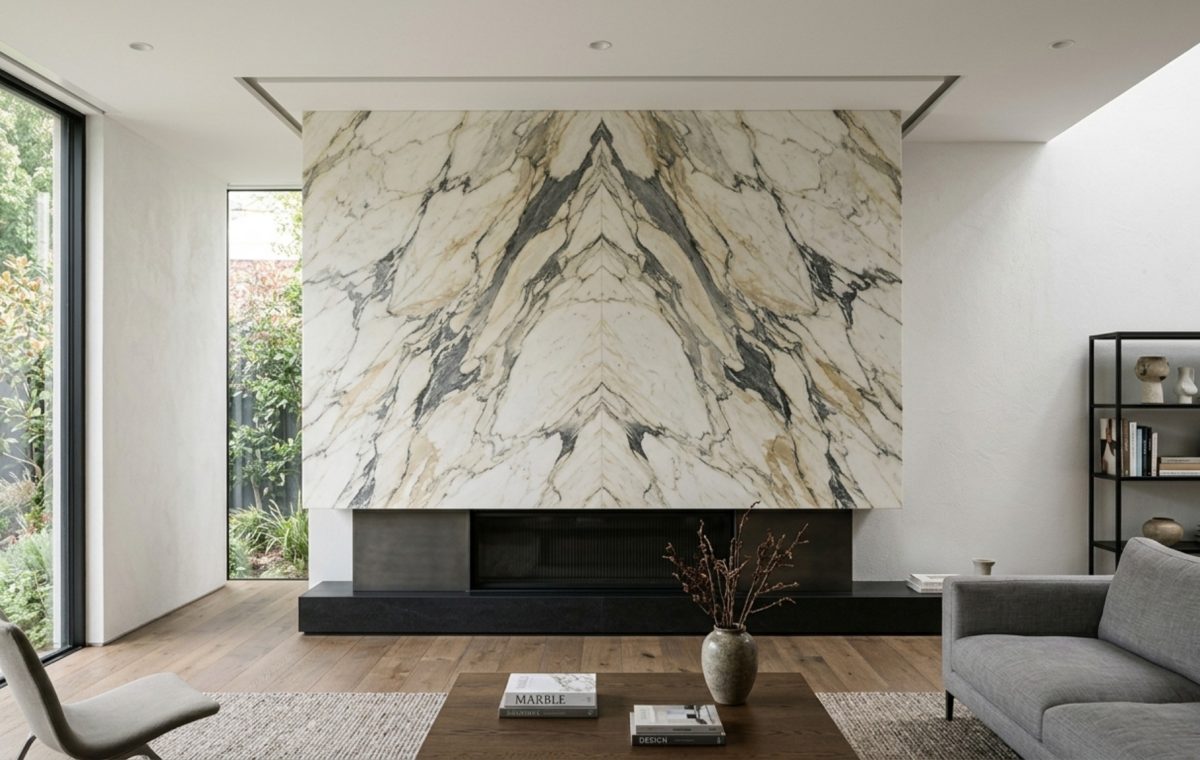 Contemporary marble fireplace ideas featuring a floor-to-ceiling slab of Calacatta marble with bookmatched veining and a recessed shadow gap at the ceiling.