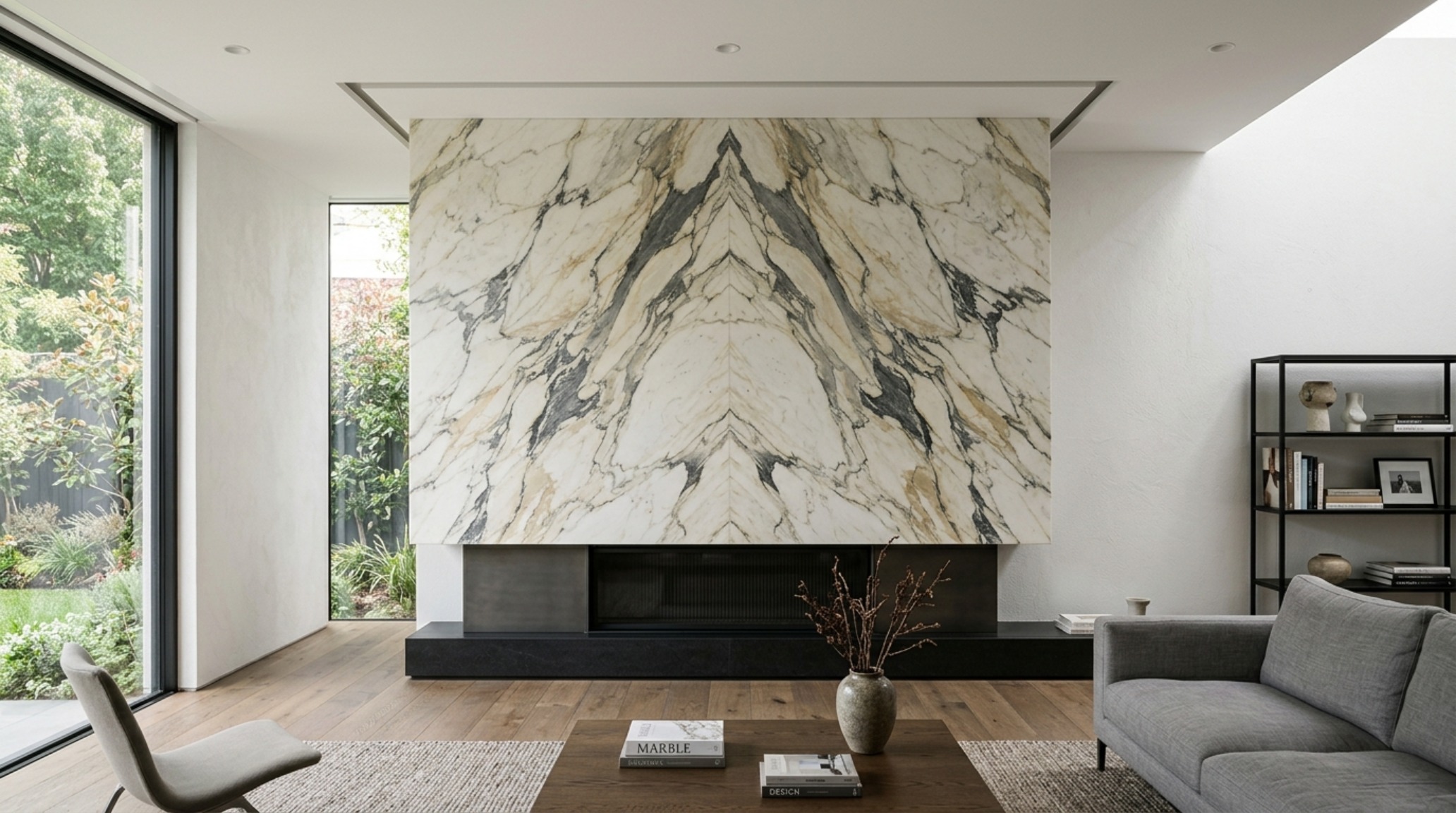 Contemporary marble fireplace ideas featuring a floor-to-ceiling slab of Calacatta marble with bookmatched veining and a recessed shadow gap at the ceiling. Contemporary marble fireplace ideas featuring a floor-to-ceiling slab of Calacatta marble with bookmatched veining and a recessed shadow gap at the ceiling.
