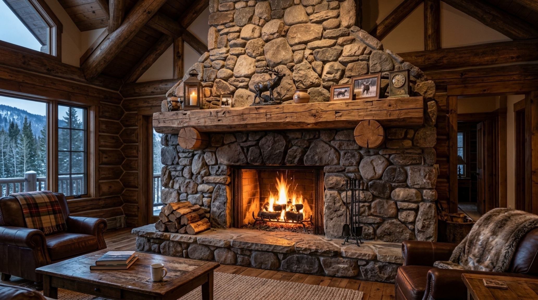 Rustic fieldstone fireplace surround in a Great Room with 20-foot ceilings, emphasizing the scale and verticality of natural river rock. Rustic fieldstone fireplace surround in a Great Room with 20-foot ceilings, emphasizing the scale and verticality of natural river rock.