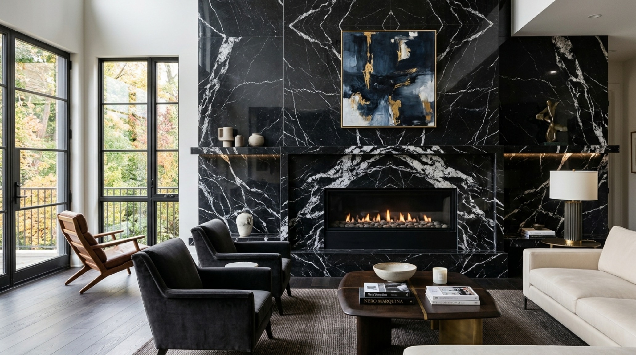 Contemporary marble fireplace ideas featuring a sleek, floor-to-ceiling Nero Marquina installation in a high-rise penthouse with city views. Contemporary marble fireplace ideas featuring a sleek, floor-to-ceiling Nero Marquina installation in a high-rise penthouse with city views.