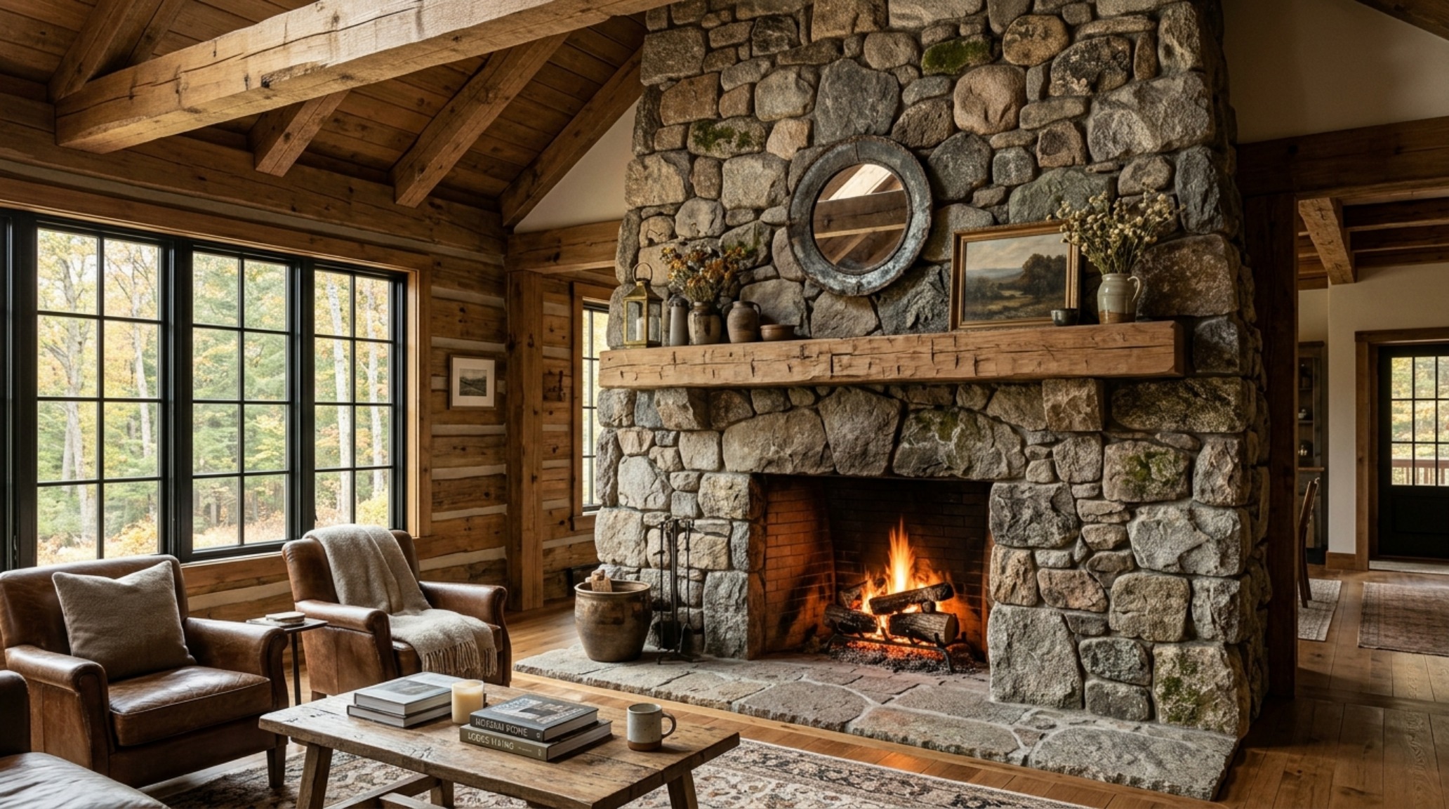 Rustic fieldstone fireplace surround constructed from local granite and weathered boulders, reaching the rafters of a modern mountain cabin. Rustic fieldstone fireplace surround constructed from local granite and weathered boulders, reaching the rafters of a modern mountain cabin.