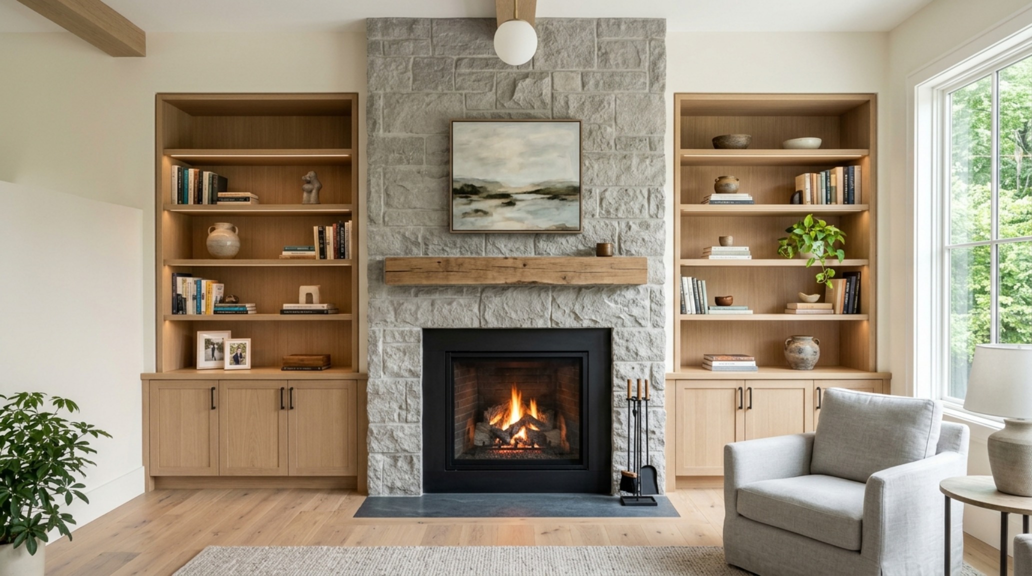 Fireplace wall integration with built-ins featuring floor-to-ceiling stone masonry flanked by custom rift-sawn white oak cabinetry and integrated art lighting. Fireplace wall integration with built-ins featuring floor-to-ceiling stone masonry flanked by custom rift-sawn white oak cabinetry and integrated art lighting.