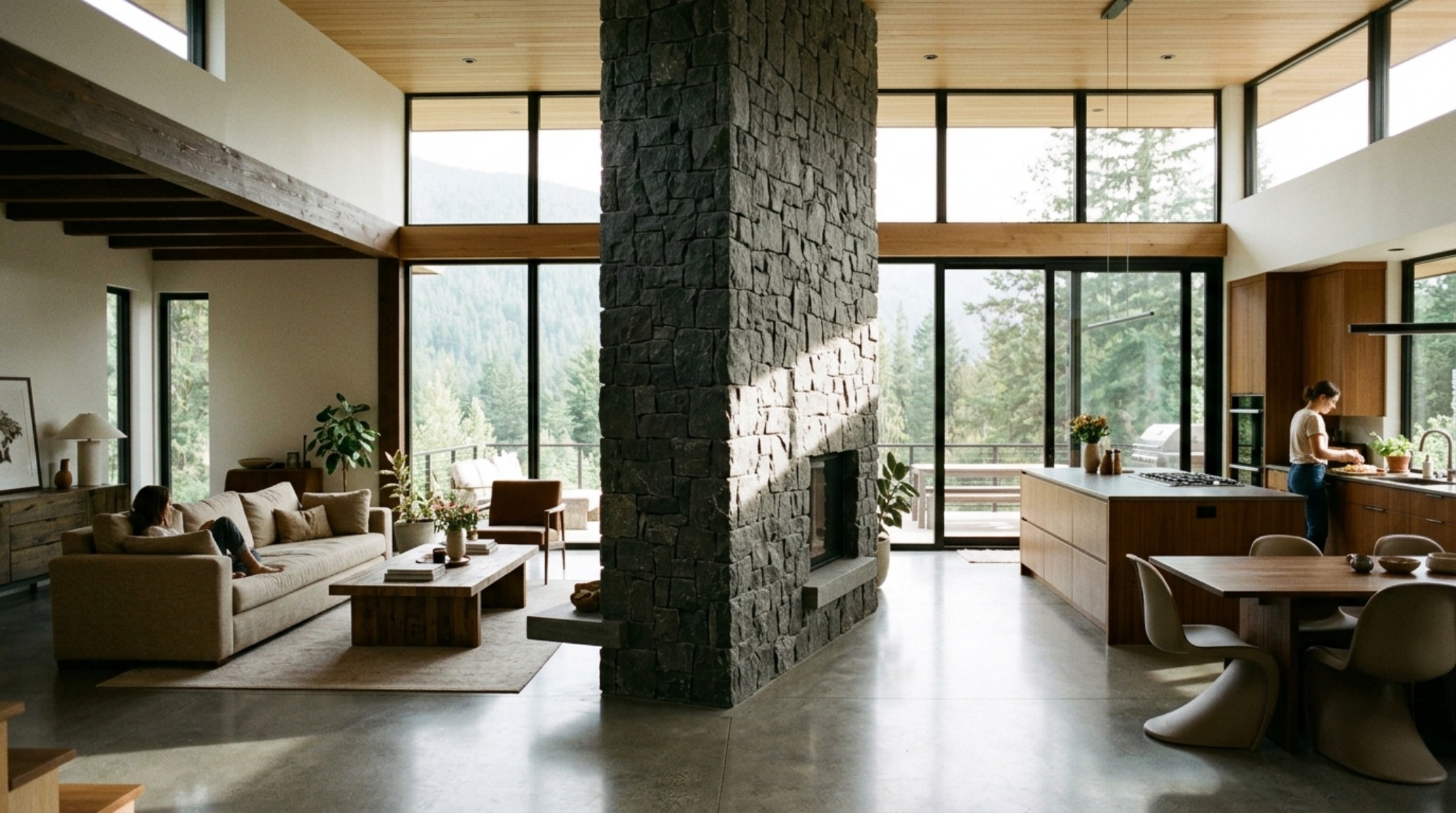 Thermal mass interior design benefits illustrated by a massive central stone chimney breast in an open-concept home, providing passive heating and cooling. Thermal mass interior design benefits illustrated by a massive central stone chimney breast in an open-concept home, providing passive heating and cooling.