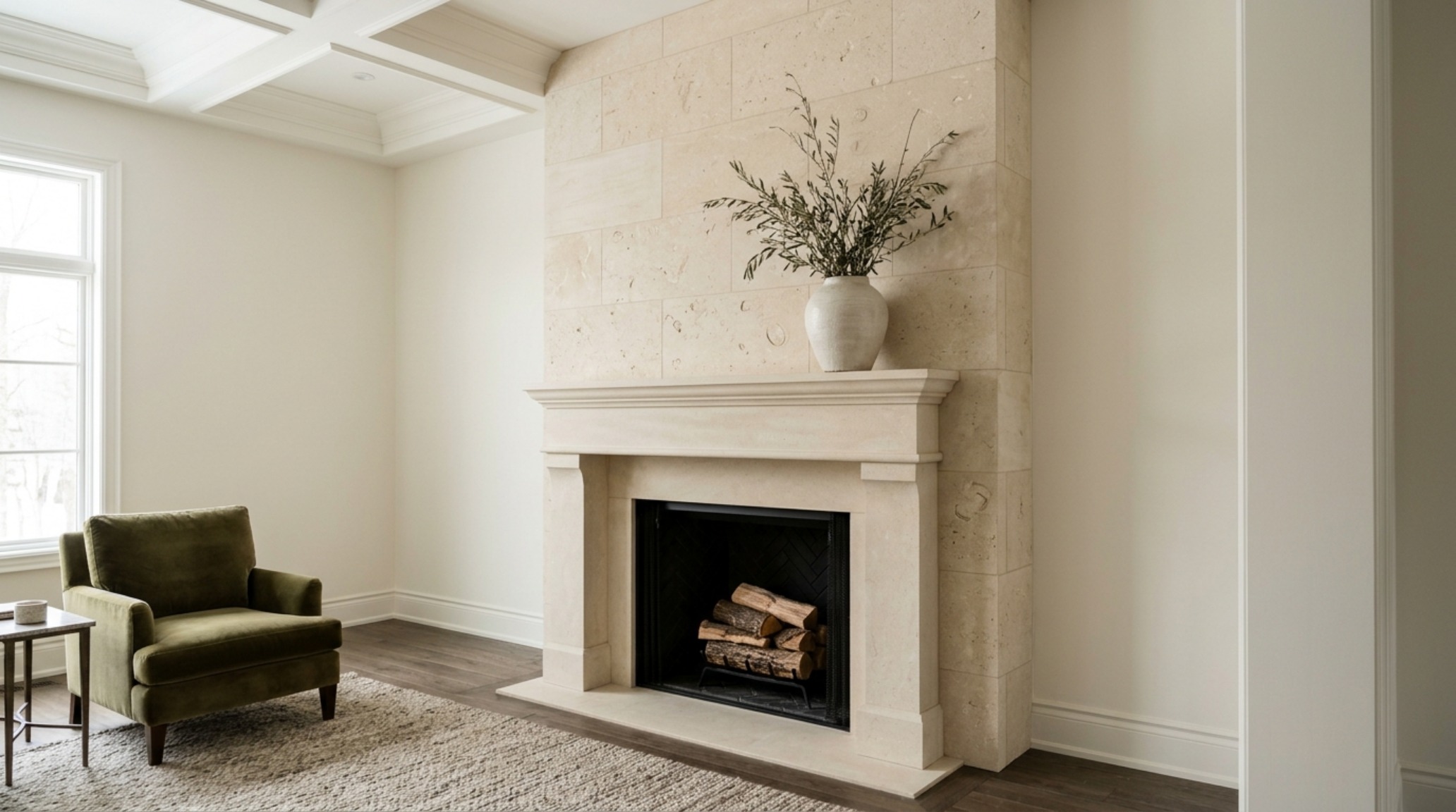 Limestone mantel styling tips applied to a French-style hearth with subtle carvings and a clean transition to the plaster ceiling. Limestone mantel styling tips applied to a French-style hearth with subtle carvings and a clean transition to the plaster ceiling.