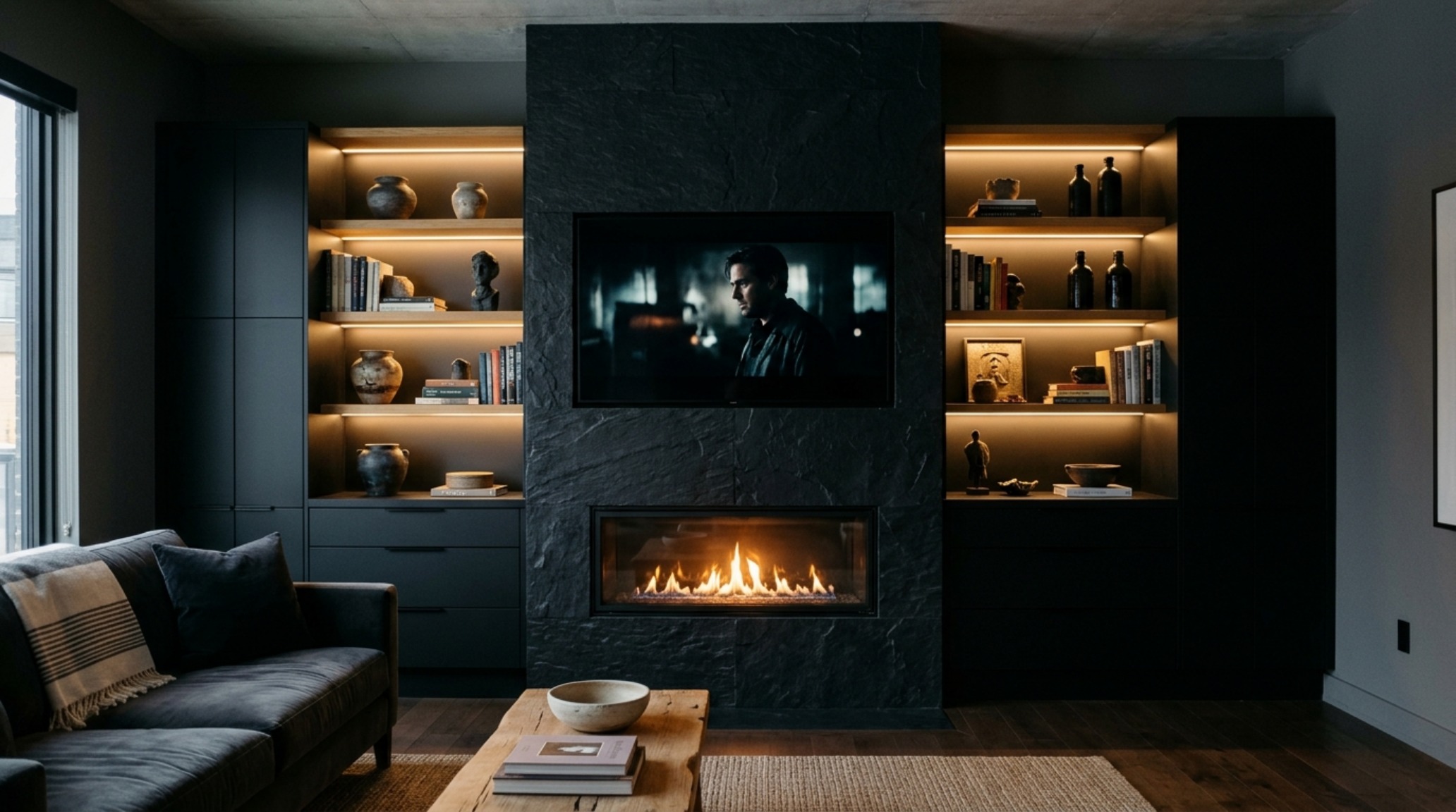 Fireplace wall integration with built-ins where dark slate stone meets charcoal-painted shelving for a cohesive, monochromatic architectural focal point. Fireplace wall integration with built-ins where dark slate stone meets charcoal-painted shelving for a cohesive, monochromatic architectural focal point.