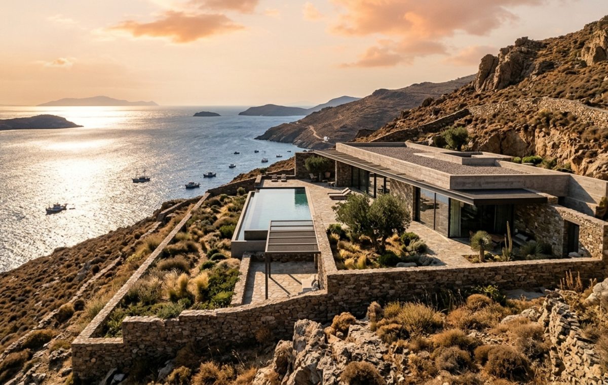 modern Aegean villas featuring a monolithic concrete structure embedded into a rocky Serifos cliffside with panoramic sea views and drystone terrace walls.