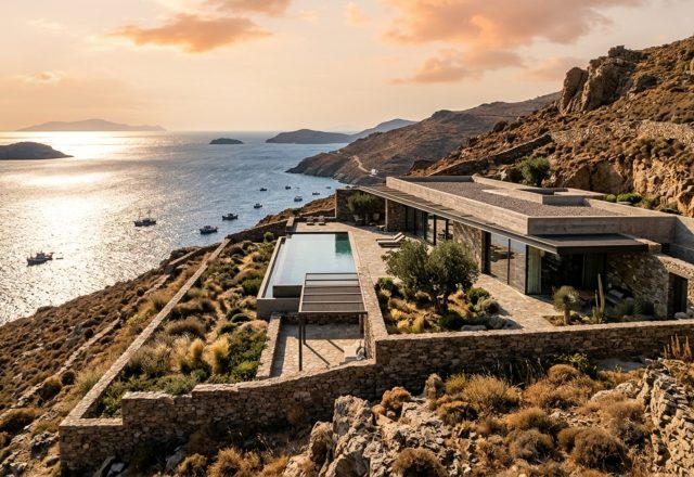 modern Aegean villas featuring a monolithic concrete structure embedded into a rocky Serifos cliffside with panoramic sea views and drystone terrace walls.