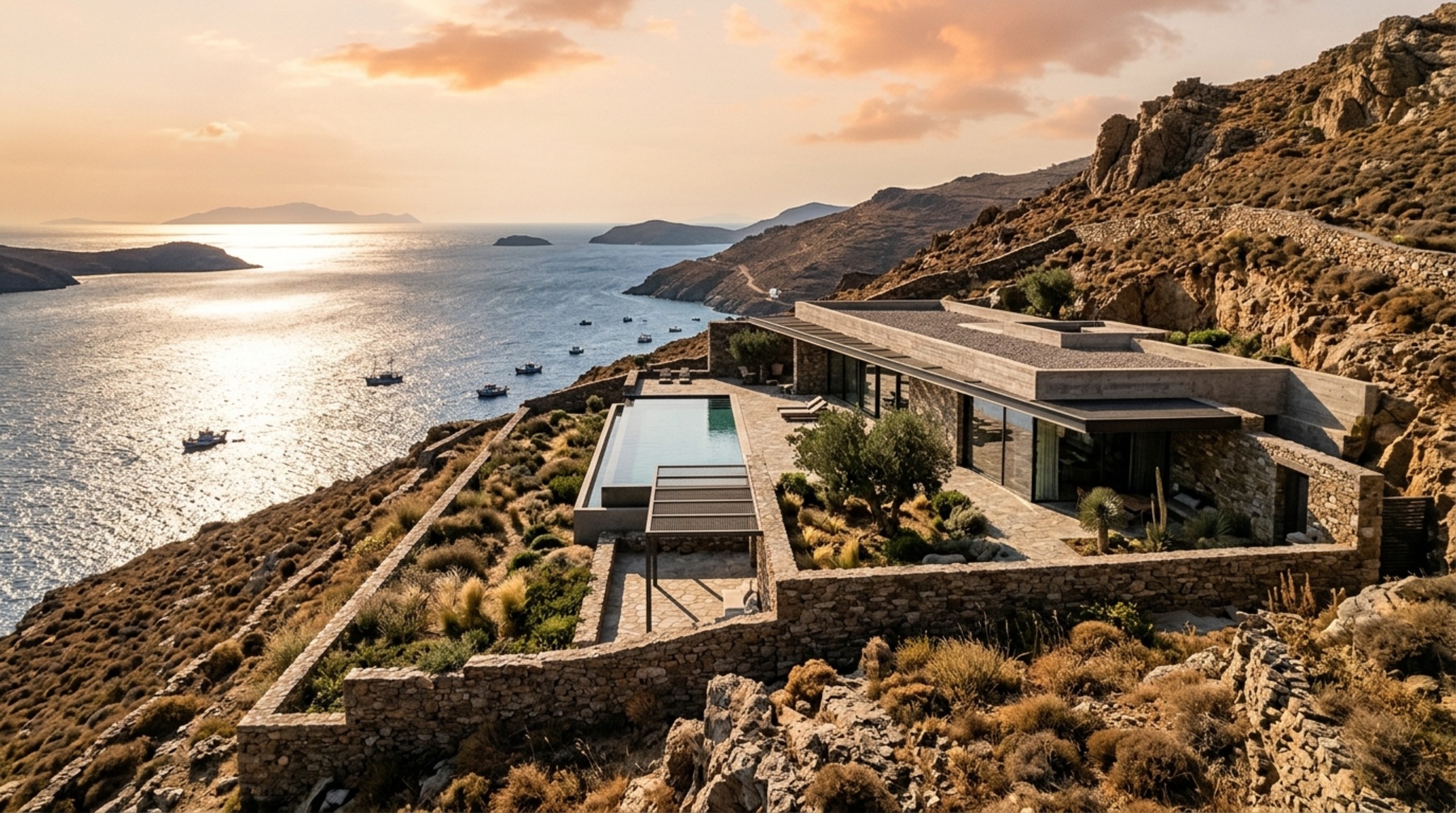 modern Aegean villas featuring a monolithic concrete structure embedded into a rocky Serifos cliffside with panoramic sea views and drystone terrace walls. modern Aegean villas featuring a monolithic concrete structure embedded into a rocky Serifos cliffside with panoramic sea views and drystone terrace walls.