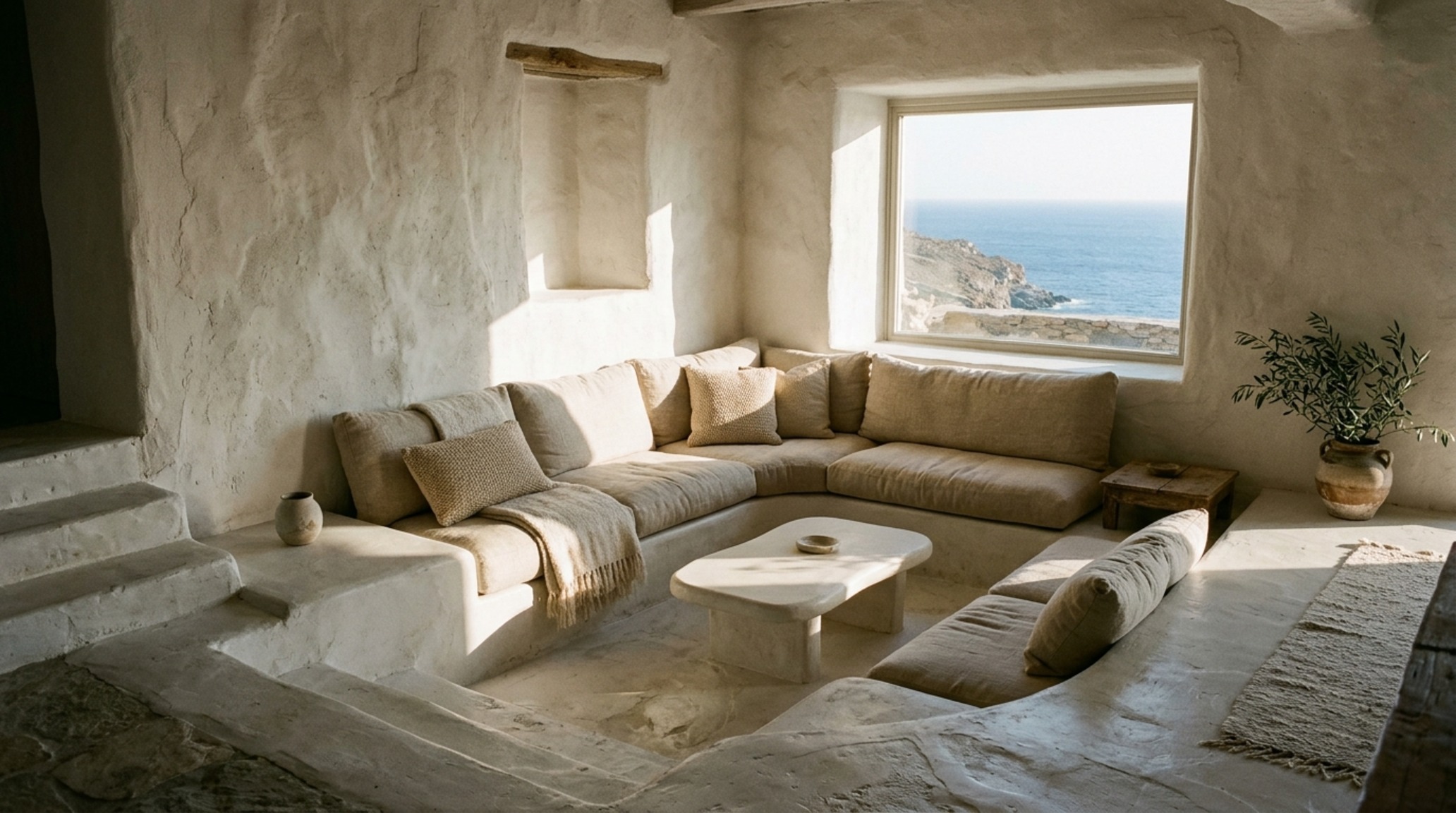 built-in plaster furniture in a sunken living room finished in Benjamin Moore Swiss Coffee with bespoke linen cushions and architectural niches. built-in plaster furniture in a sunken living room finished in Benjamin Moore Swiss Coffee with bespoke linen cushions and architectural niches.
