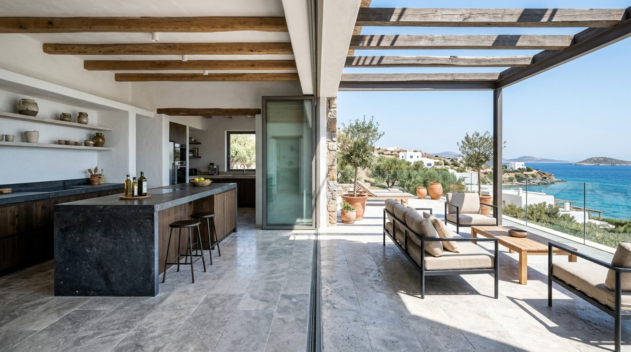 Mediterranean open-plan flow connecting a minimalist kitchen with honed travertine floors to an expansive outdoor pool deck under a timber pergola. Mediterranean open-plan flow connecting a minimalist kitchen with honed travertine floors to an expansive outdoor pool deck under a timber pergola.