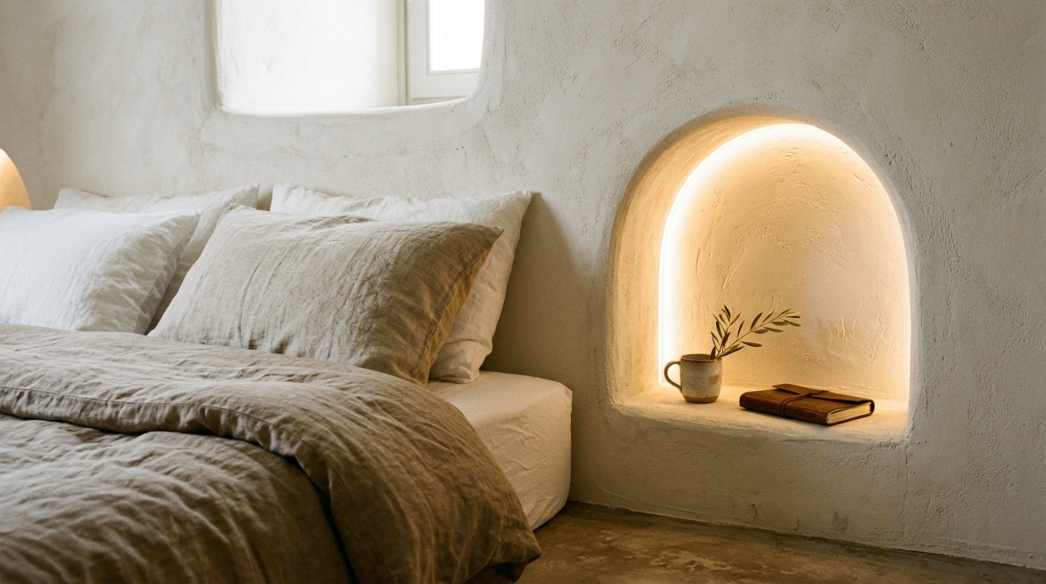 Cycladic minimalist interiors showcasing a master bedroom with sculpted plaster alcoves, 2700K warm ambient lighting, and tactile linen bedding. Cycladic minimalist interiors showcasing a master bedroom with sculpted plaster alcoves, 2700K warm ambient lighting, and tactile linen bedding.