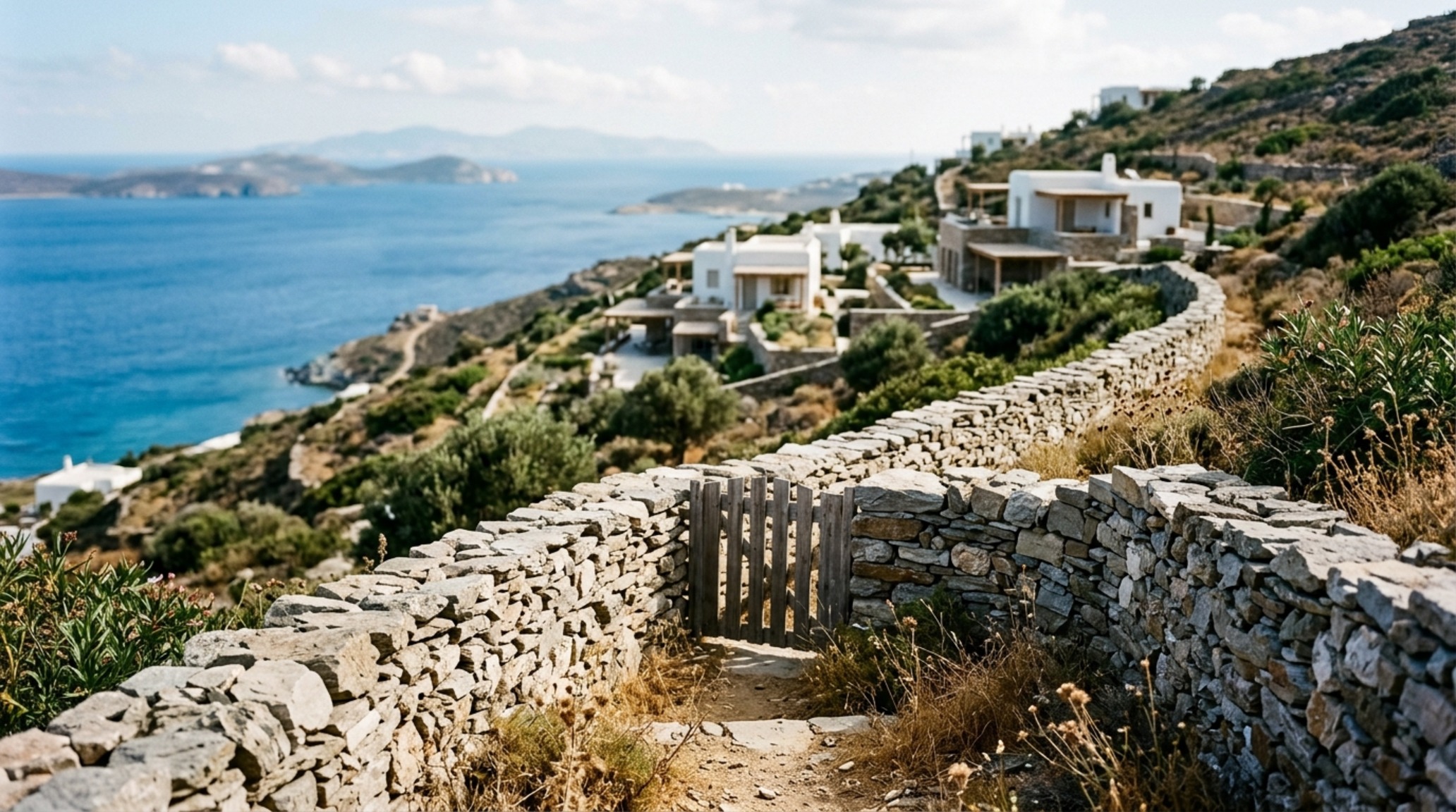 modern Aegean villas detail shot of hand-stacked drystone walls mirroring agricultural terraces against the backdrop of the deep blue Aegean sea. modern Aegean villas detail shot of hand-stacked drystone walls mirroring agricultural terraces against the backdrop of the deep blue Aegean sea.