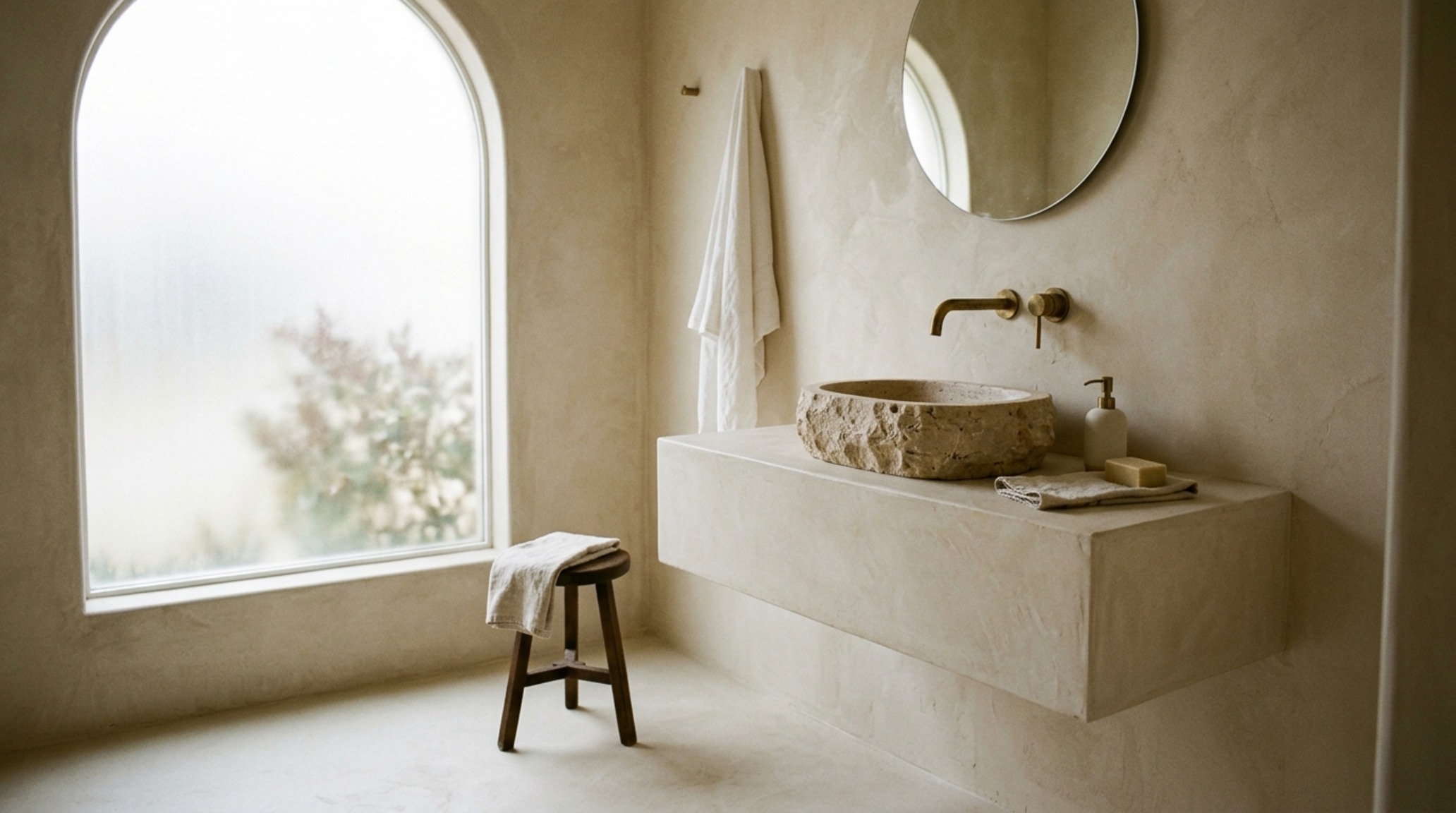 built-in plaster furniture in a spa-like bathroom featuring a custom floating vanity with a stone vessel sink and concealed brass wall-mounted hardware. built-in plaster furniture in a spa-like bathroom featuring a custom floating vanity with a stone vessel sink and concealed brass wall-mounted hardware.