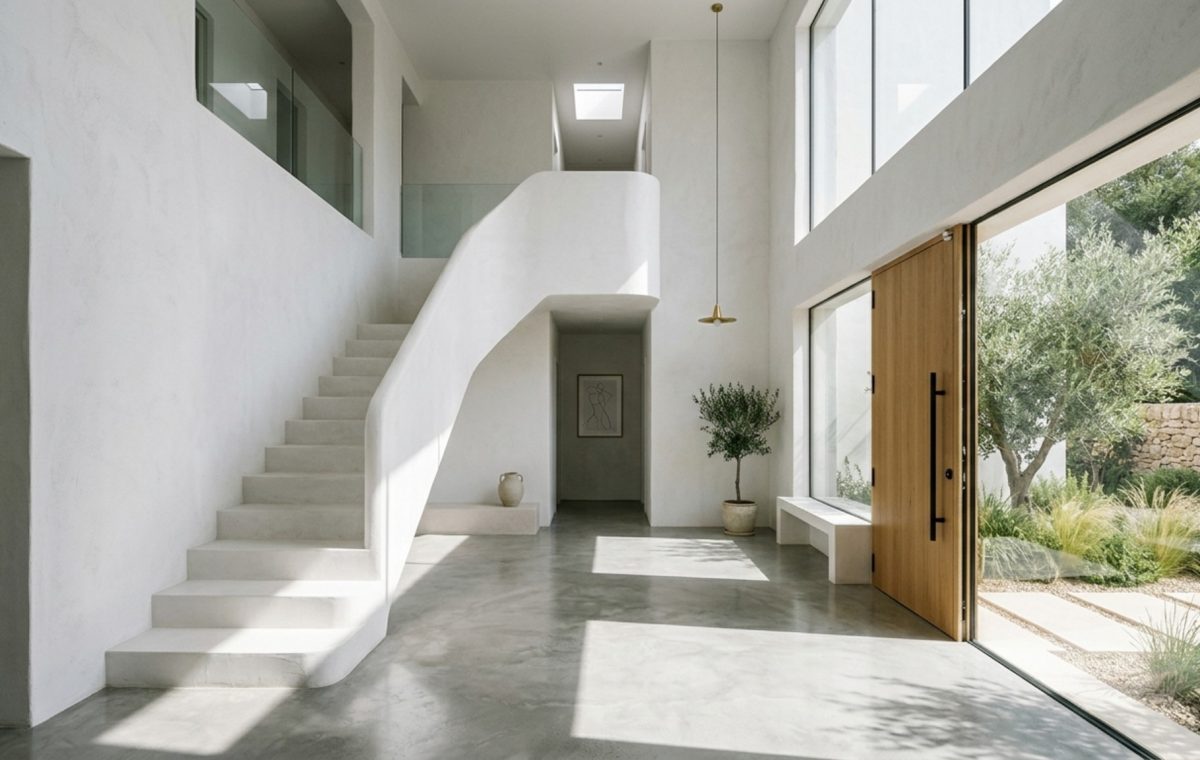 A soaring minimalist entryway featuring double-height white walls, a sculptural floating staircase, and a large pivot door, demonstrating architectural proportions in a minimalist white house.
