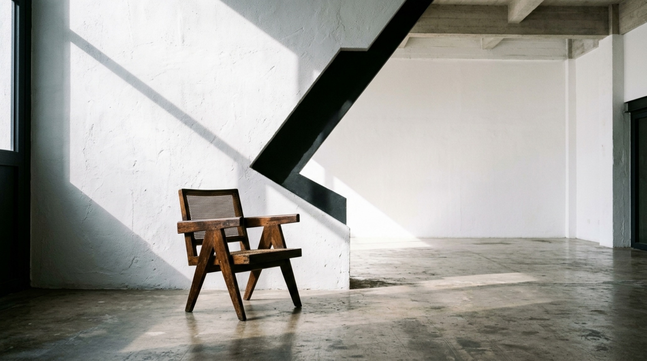 A sculptural designer chair in a dark walnut finish providing a bold contrast in an all-white, gallery-like living space.