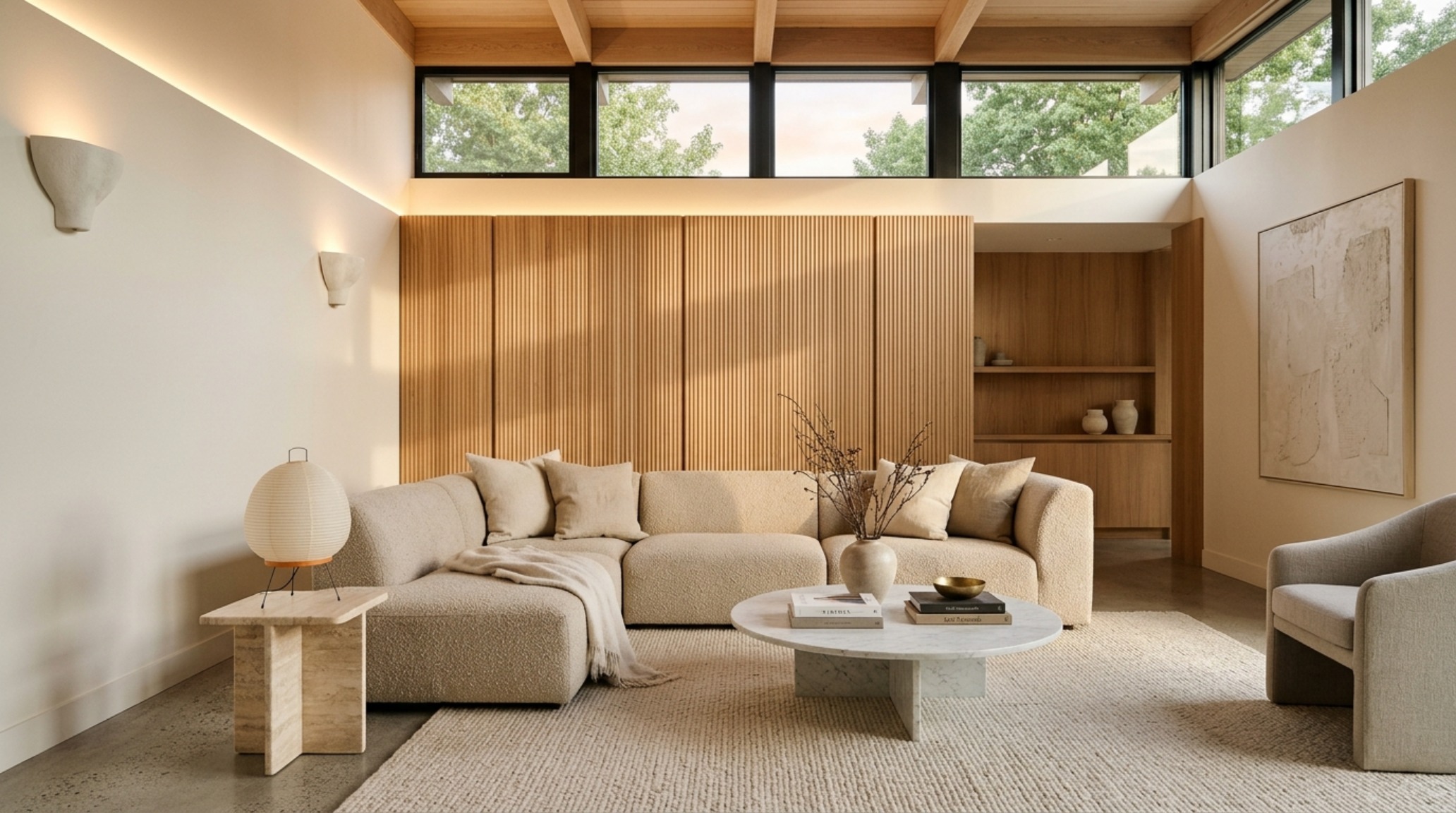 A warm white minimalist living room featuring a low-profile linen sofa, a fluted white oak wall panel, and natural light pouring in from high clerestory windows.