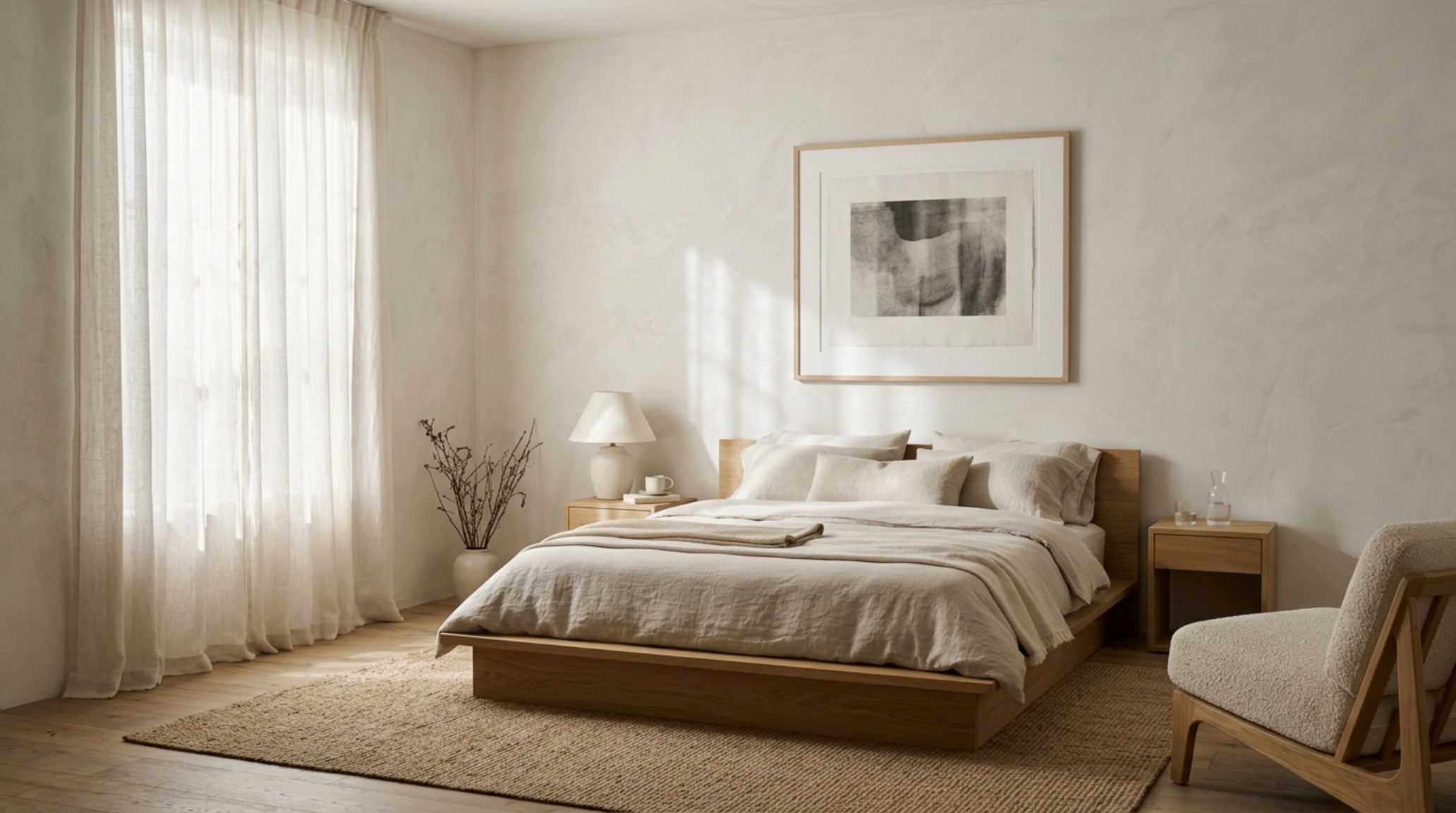 A serene minimalist bedroom featuring textured lime-wash walls, a low-slung platform bed, and floor-to-ceiling sheer linen curtains that soften the monochromatic home styling.