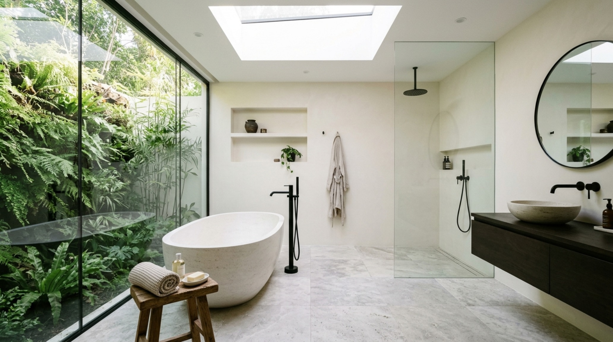 A spa-like minimalist bathroom with a freestanding stone tub, honed travertine floor tiles, and a minimalist black faucet set against a clean white wall.