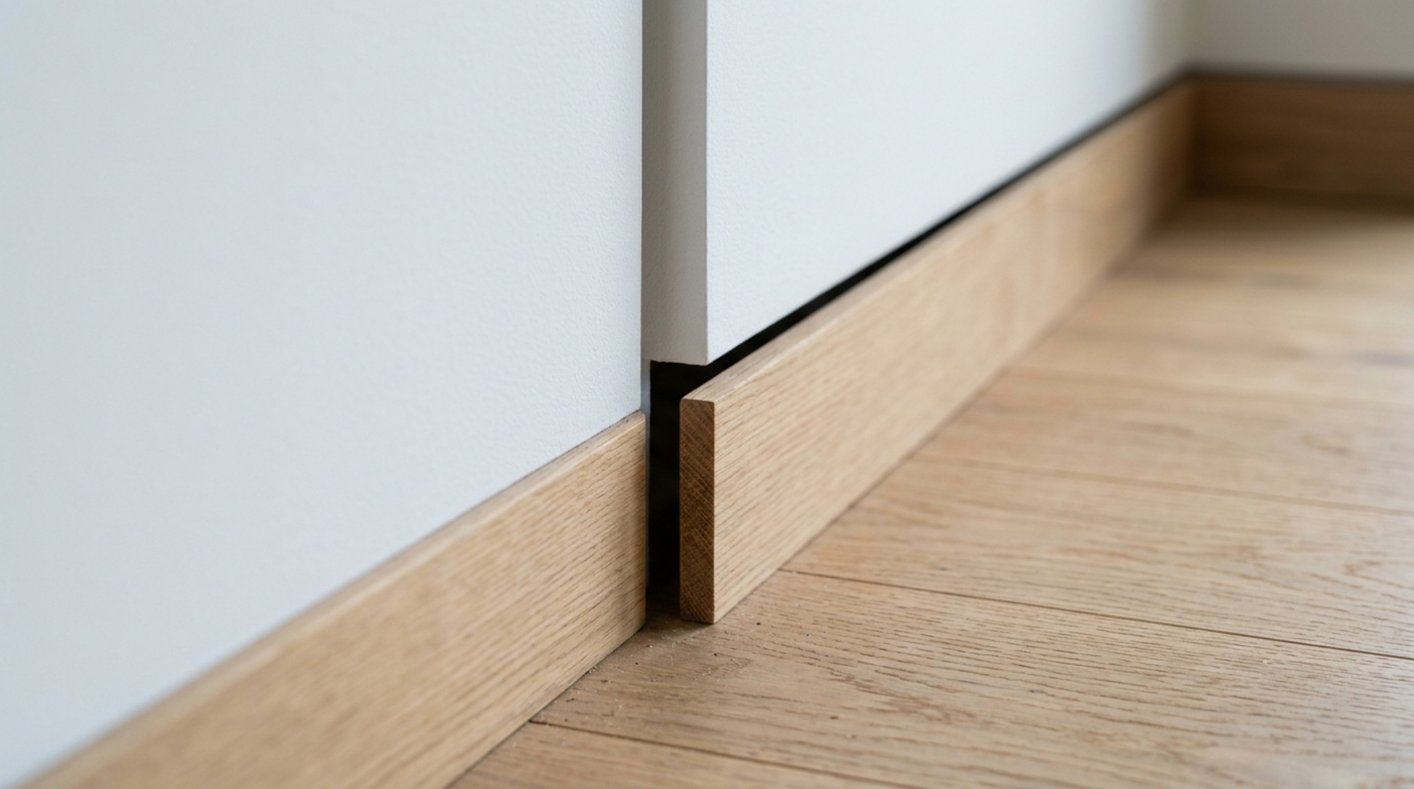 Close-up detail of architectural shadow gap baseboards and polished concrete flooring in a minimalist interior design scheme.