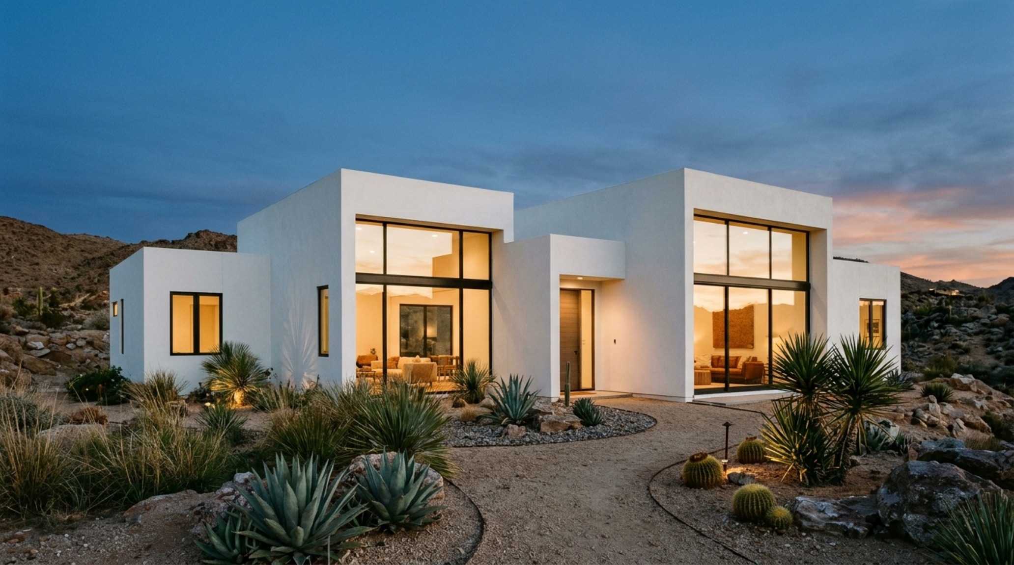 An outdoor-indoor transition area of a modern white house facade minimalist, showing large glass sliders and a continuous floor plane.