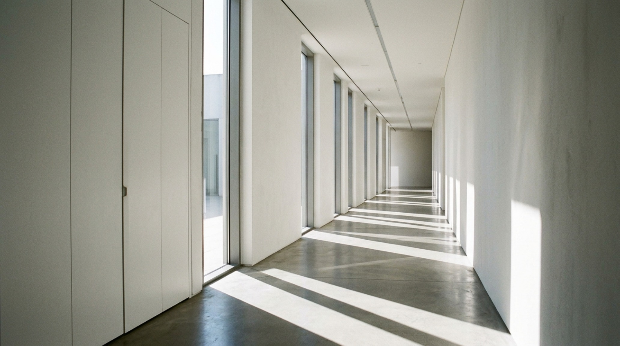 A long, minimalist hallway with rhythmic recessed lighting and hidden storage doors that disappear into the white plaster walls.