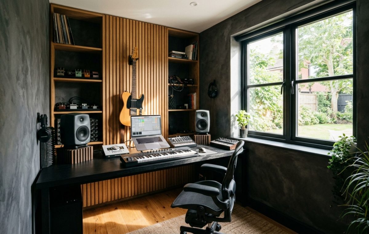 A moody apartment-friendly music studio featuring dark charcoal walls and a minimalist black oak desk with integrated cable management, inspired by the Selling Sunset Season 6 haunted music studio.