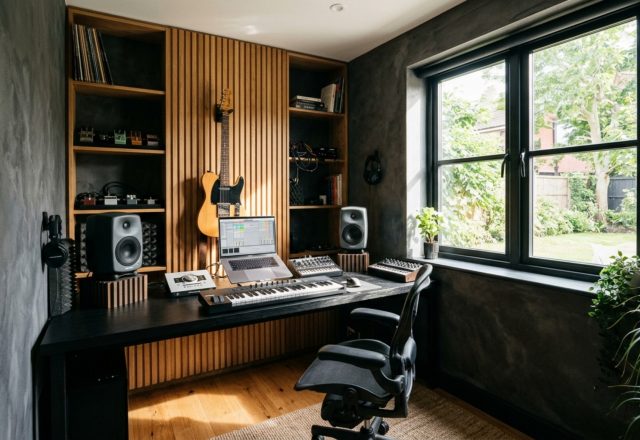 A moody apartment-friendly music studio featuring dark charcoal walls and a minimalist black oak desk with integrated cable management, inspired by the Selling Sunset Season 6 haunted music studio.
