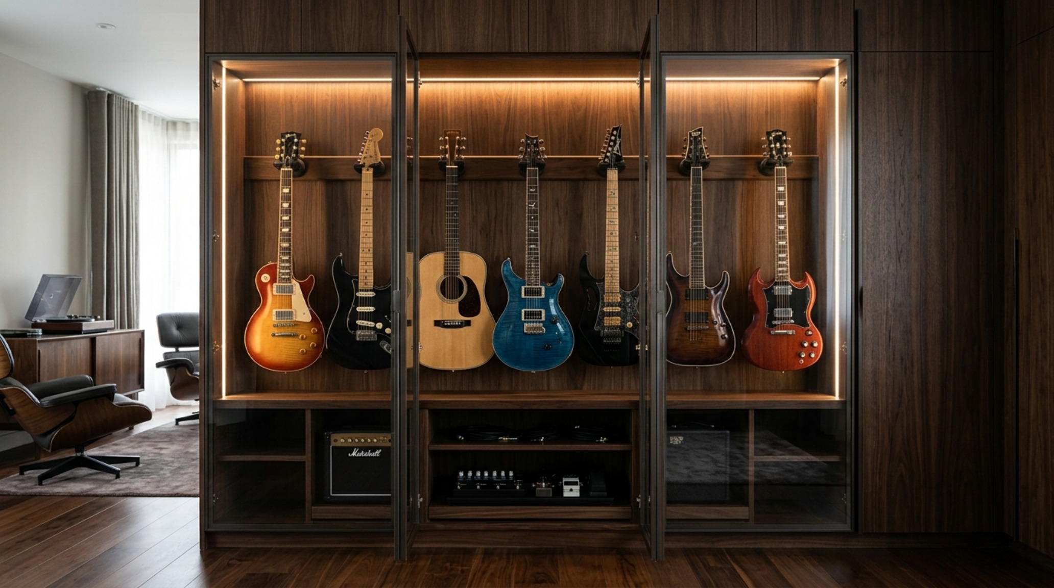 A minimalist gear rack integrated into custom millwork, showing how to achieve invisible instrument racking with a focus on sightline alignment and architectural elegance.