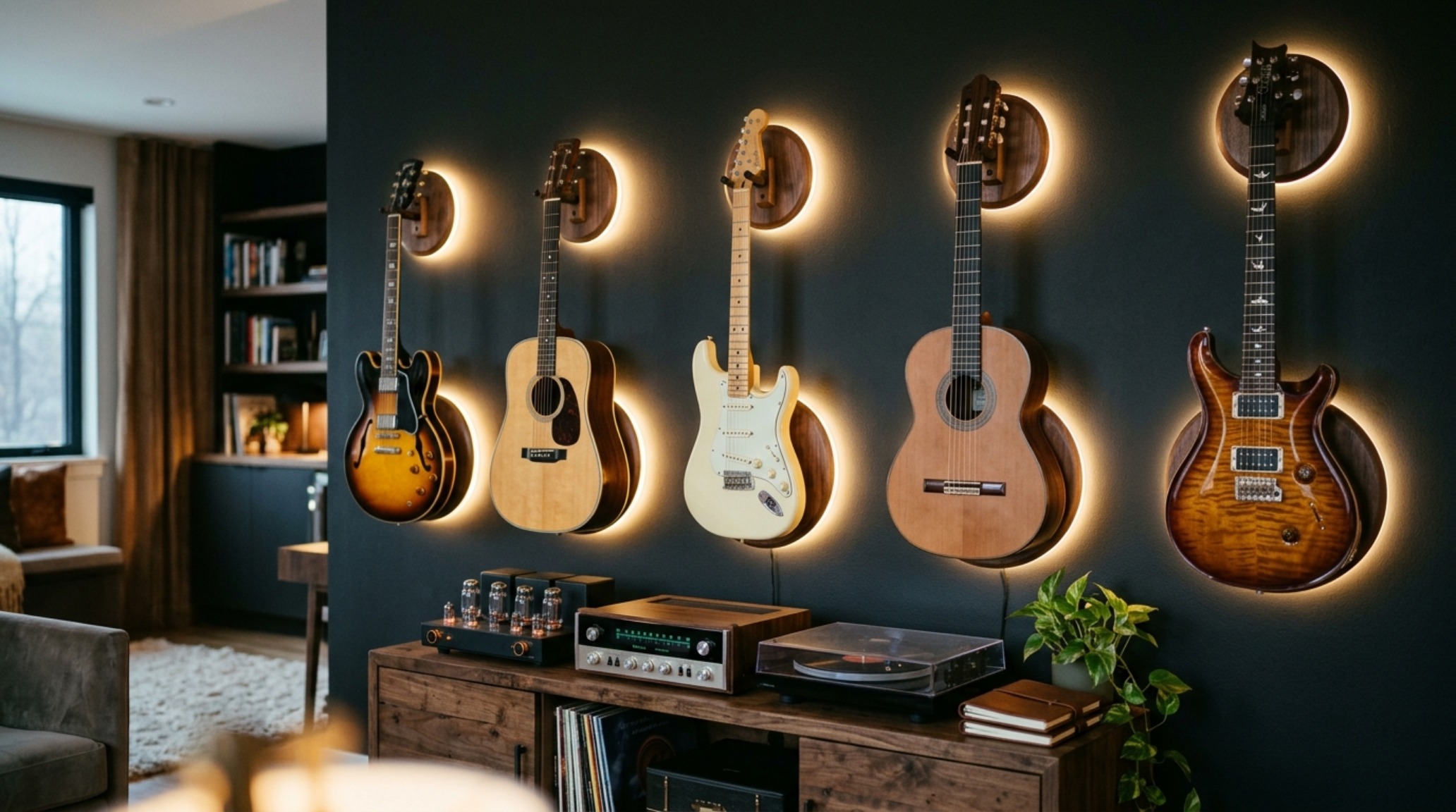A wall-mounted instrument display with walnut guitar hangers and soft 2700K LED backlighting, creating a gallery-style effect for selling sunset season six haunted music decor ideas.