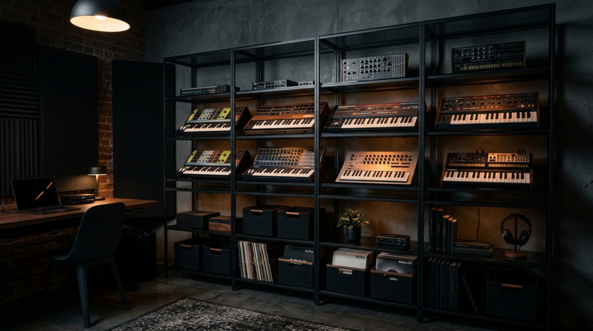High-end media room shelving with a hidden false-back for cable management, styled with vintage synthesizers and smoked glass accessories in a dark-themed studio.