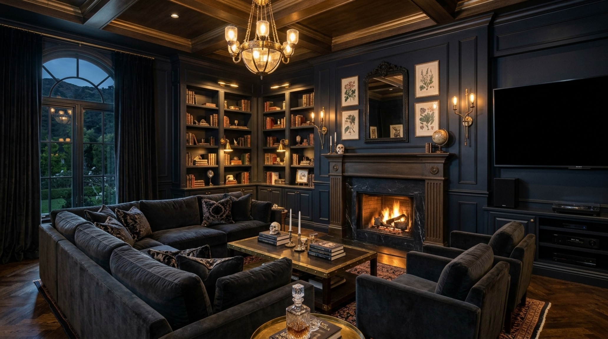 Dark limewash studio walls paired with brass sconces and a mohair velvet armchair, illustrating the modern gothic media room furniture trends from Architectural Digest.