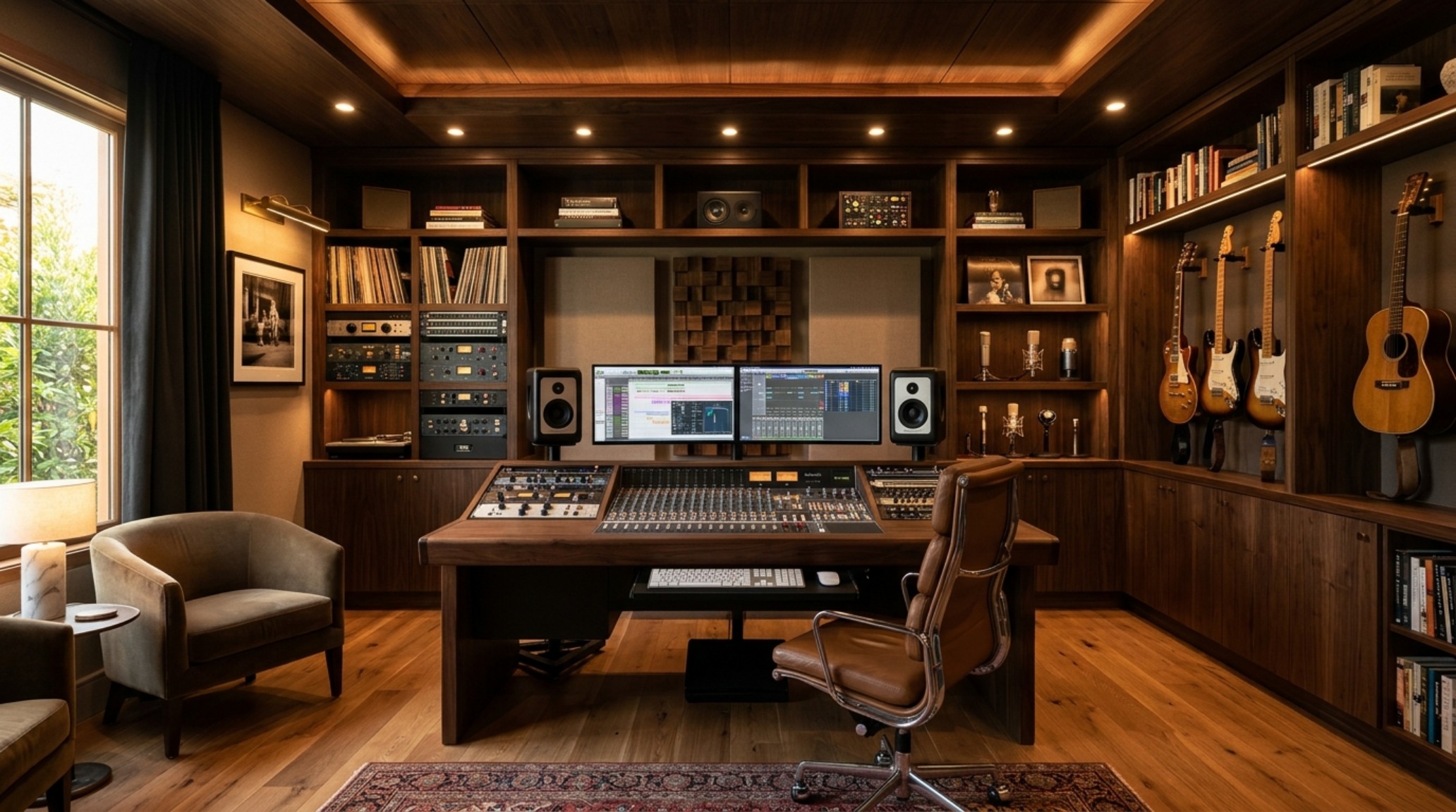 Perspective view of a luxury home studio with floor-to-ceiling dark shelving, featuring modular units and integrated warm ambient lighting for a Selling Sunset haunted house vibe.