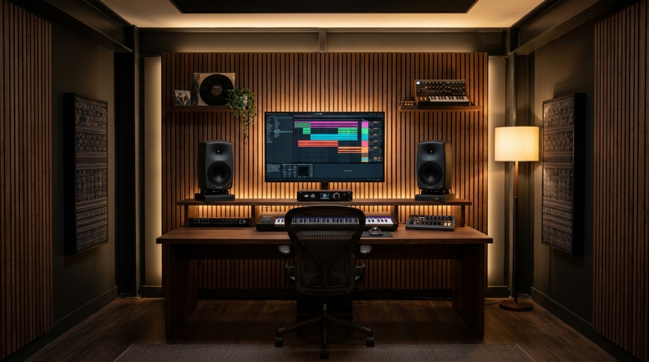 Symmetry in studio design: Dual studio monitors on isolated stands flanking a large screen, with fluted oak diffusers and shadow play creating an immersive creative sanctuary.