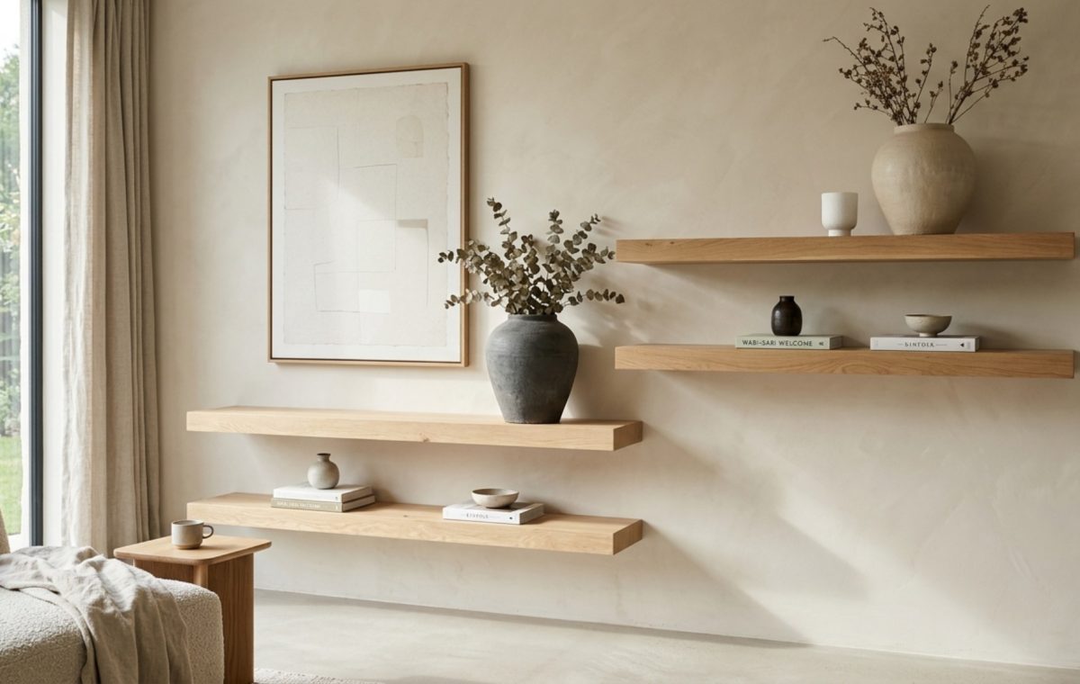 High-end asymmetrical floating shelf layout in a modern living room featuring thick-profile white oak ledges and gallery-sized abstract art.