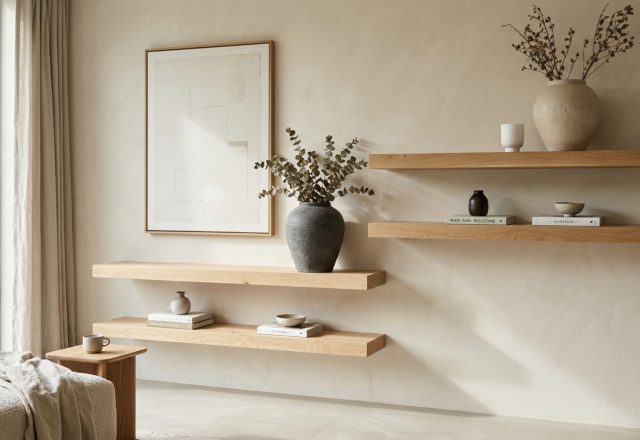 High-end asymmetrical floating shelf layout in a modern living room featuring thick-profile white oak ledges and gallery-sized abstract art.