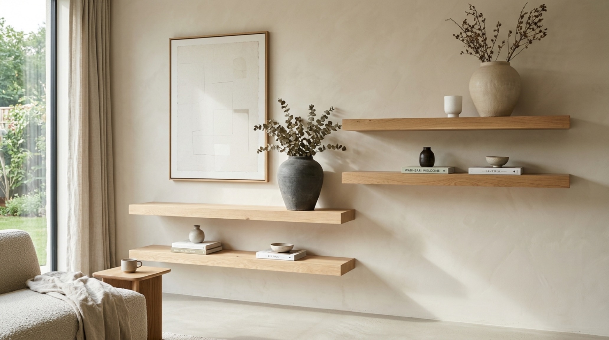 High-end asymmetrical floating shelf layout in a modern living room featuring thick-profile white oak ledges and gallery-sized abstract art. High-end asymmetrical floating shelf layout in a modern living room featuring thick-profile white oak ledges and gallery-sized abstract art.
