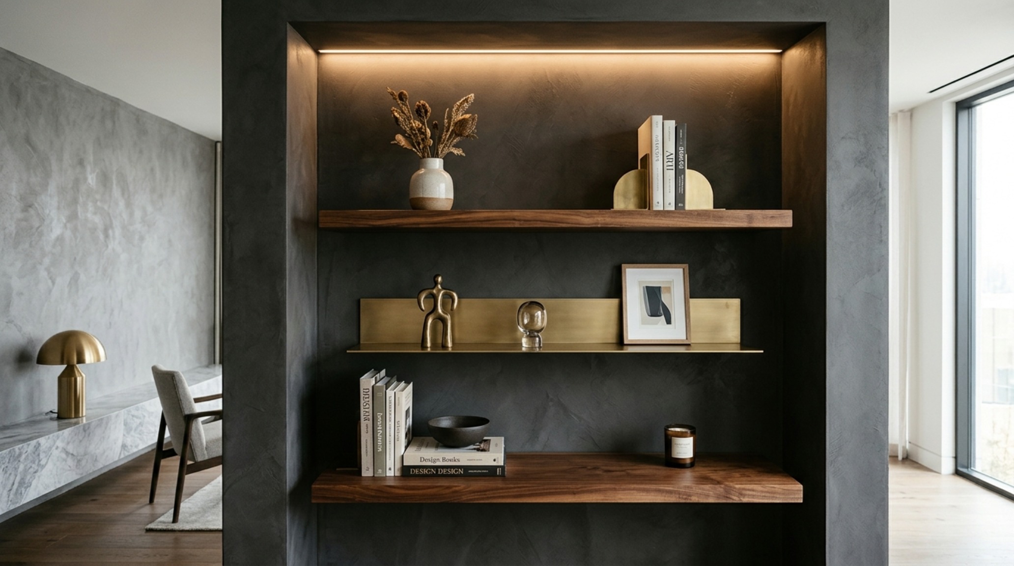 Living room storage solutions featuring a long-span floating shelf integrated with a hidden LED channel for task and ambient lighting. Living room storage solutions featuring a long-span floating shelf integrated with a hidden LED channel for task and ambient lighting.