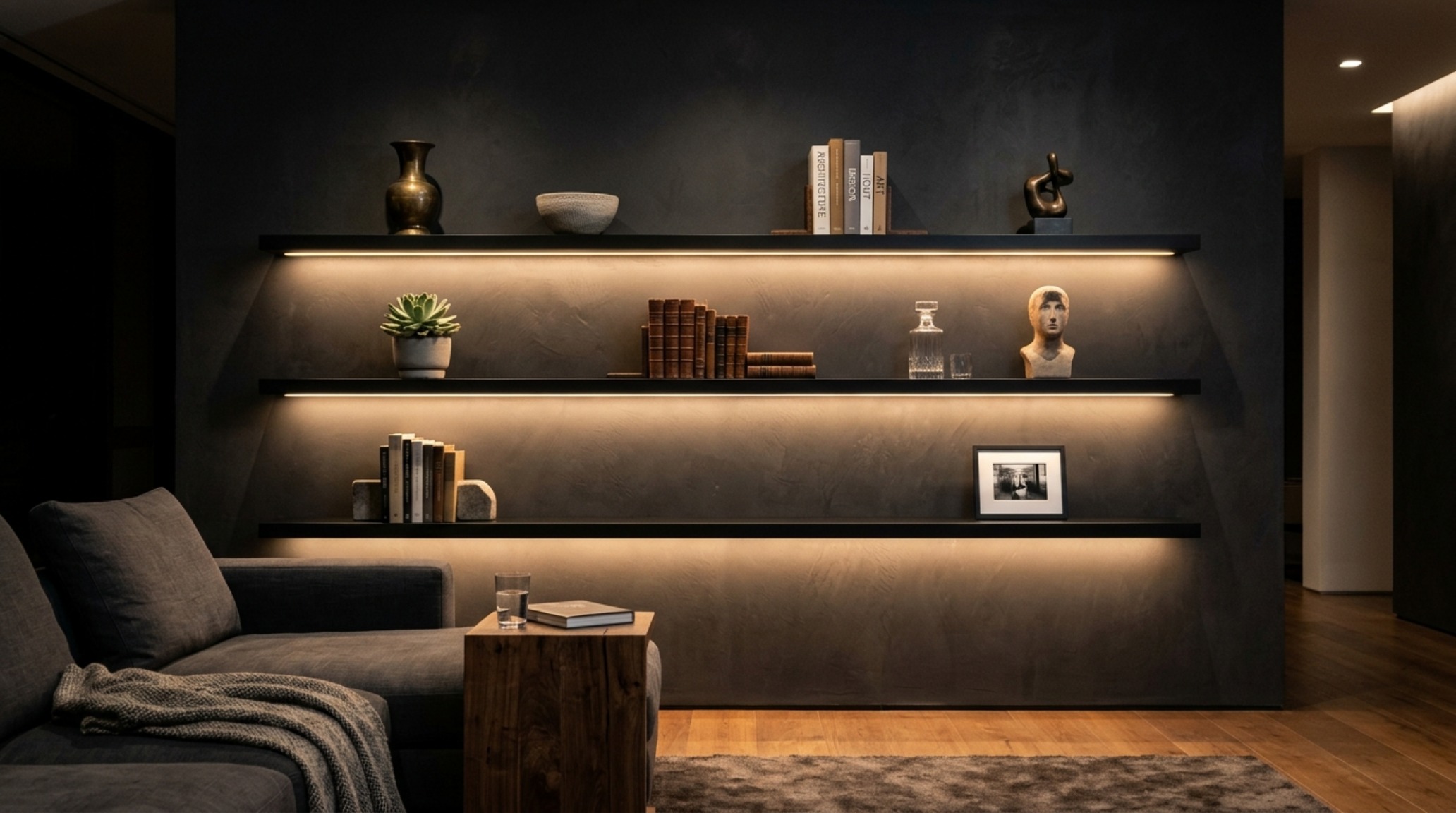 Integrated 2700K LED shelf lighting casting a warm atmospheric glow on minimalist living room floating shelves. Integrated 2700K LED shelf lighting casting a warm atmospheric glow on minimalist living room floating shelves.