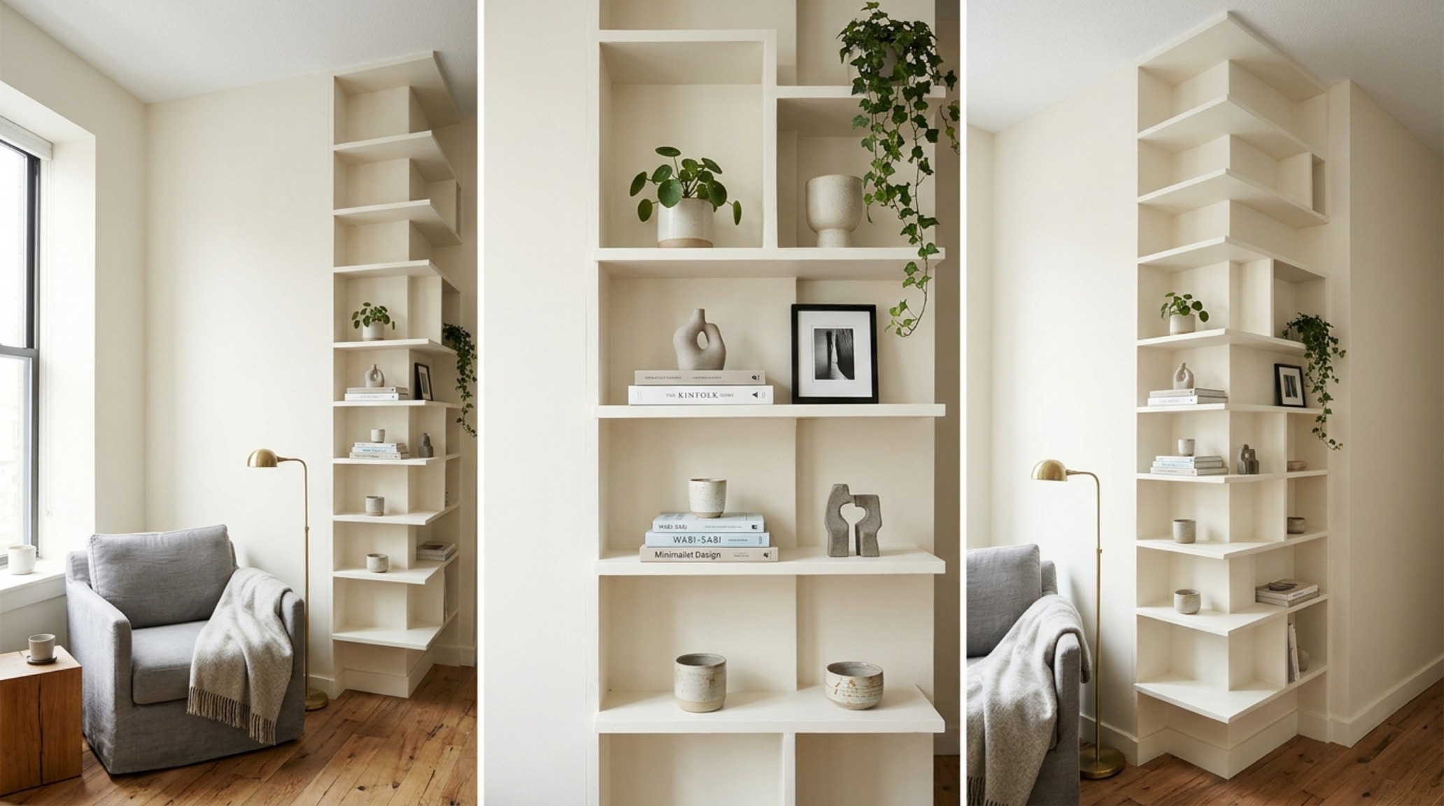 Small apartment vertical storage hacks using floor-to-ceiling asymmetrical shelves in a monochromatic Benjamin Moore Swiss Coffee palette. Small apartment vertical storage hacks using floor-to-ceiling asymmetrical shelves in a monochromatic Benjamin Moore Swiss Coffee palette.