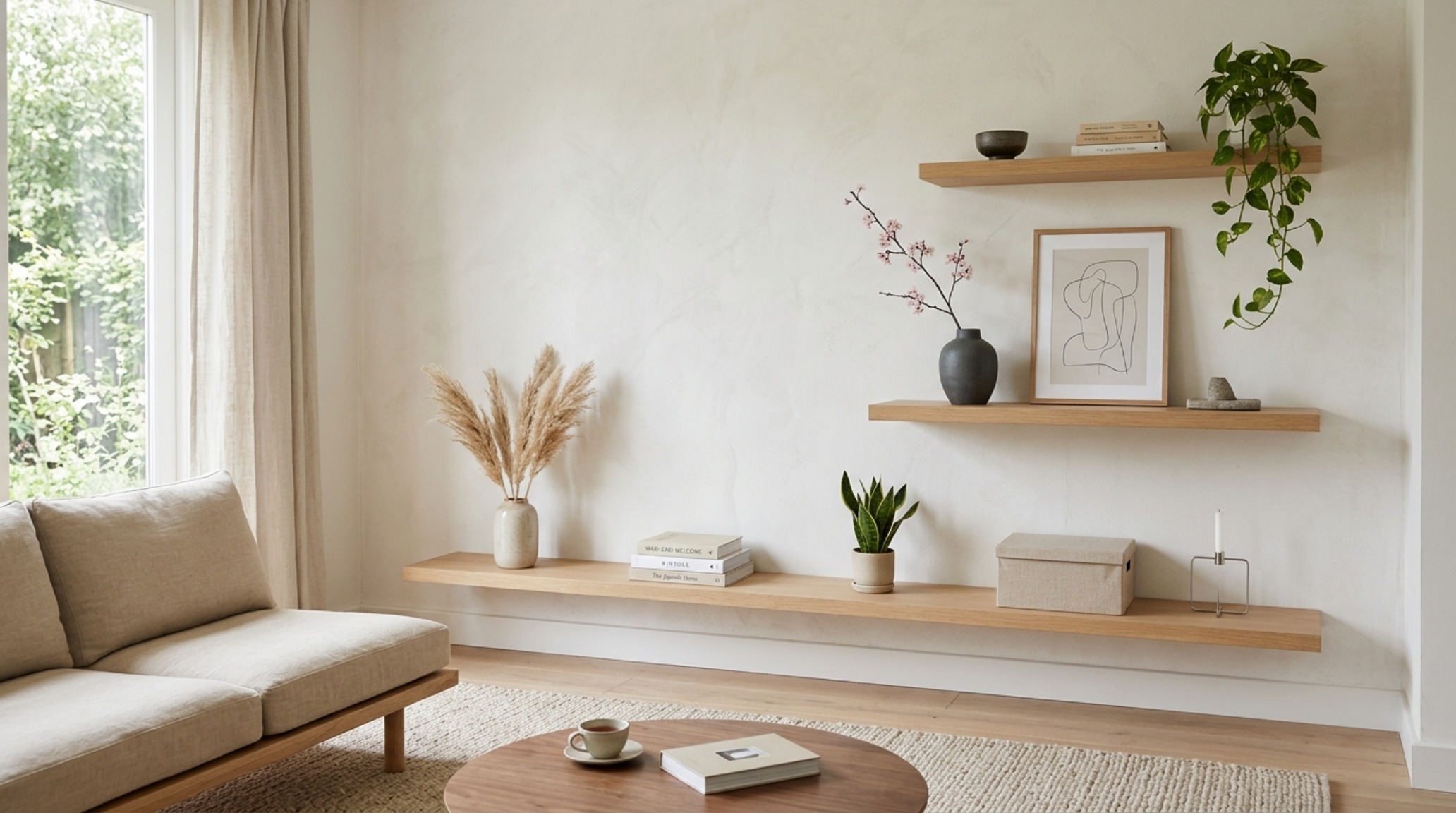 A series of staggered architectural display ledges featuring a mix of vintage books and contemporary stone sculptures. A series of staggered architectural display ledges featuring a mix of vintage books and contemporary stone sculptures.