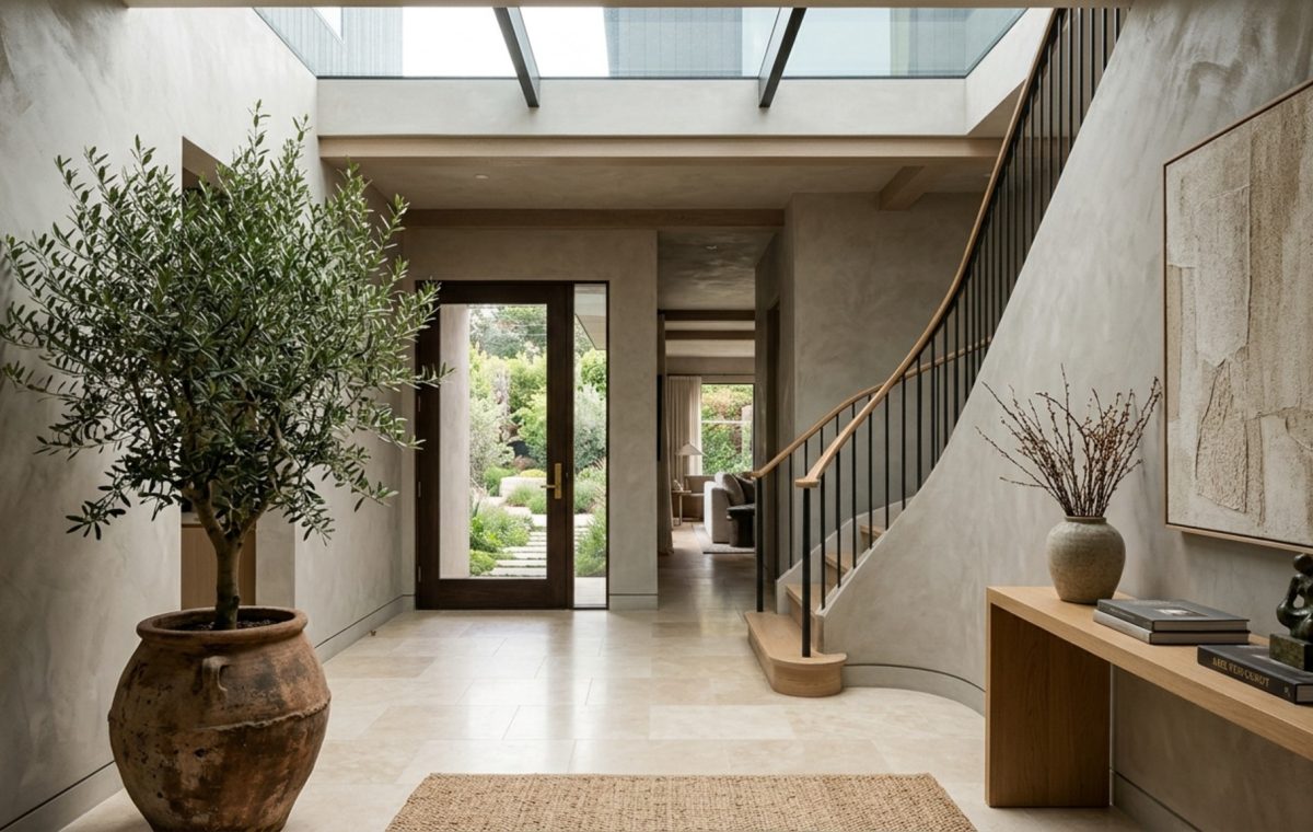 modern mansion interior ideas featuring hand-applied Roman Clay plaster walls and a custom-carved limestone fireplace surround in a sun-drenched foyer.