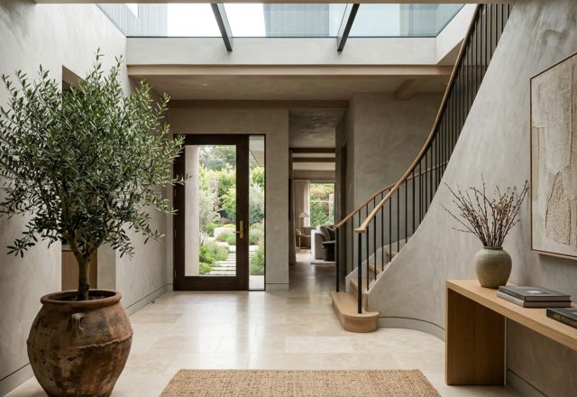 modern mansion interior ideas featuring hand-applied Roman Clay plaster walls and a custom-carved limestone fireplace surround in a sun-drenched foyer.