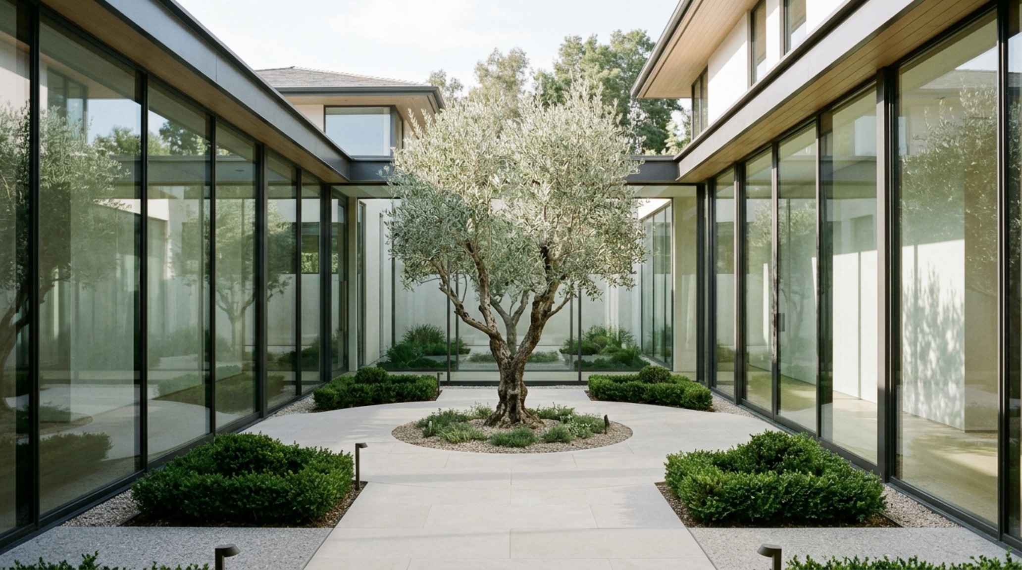indoor-outdoor flow design featuring a central olive tree courtyard viewed through high-performance thin-frame aluminum glass systems.