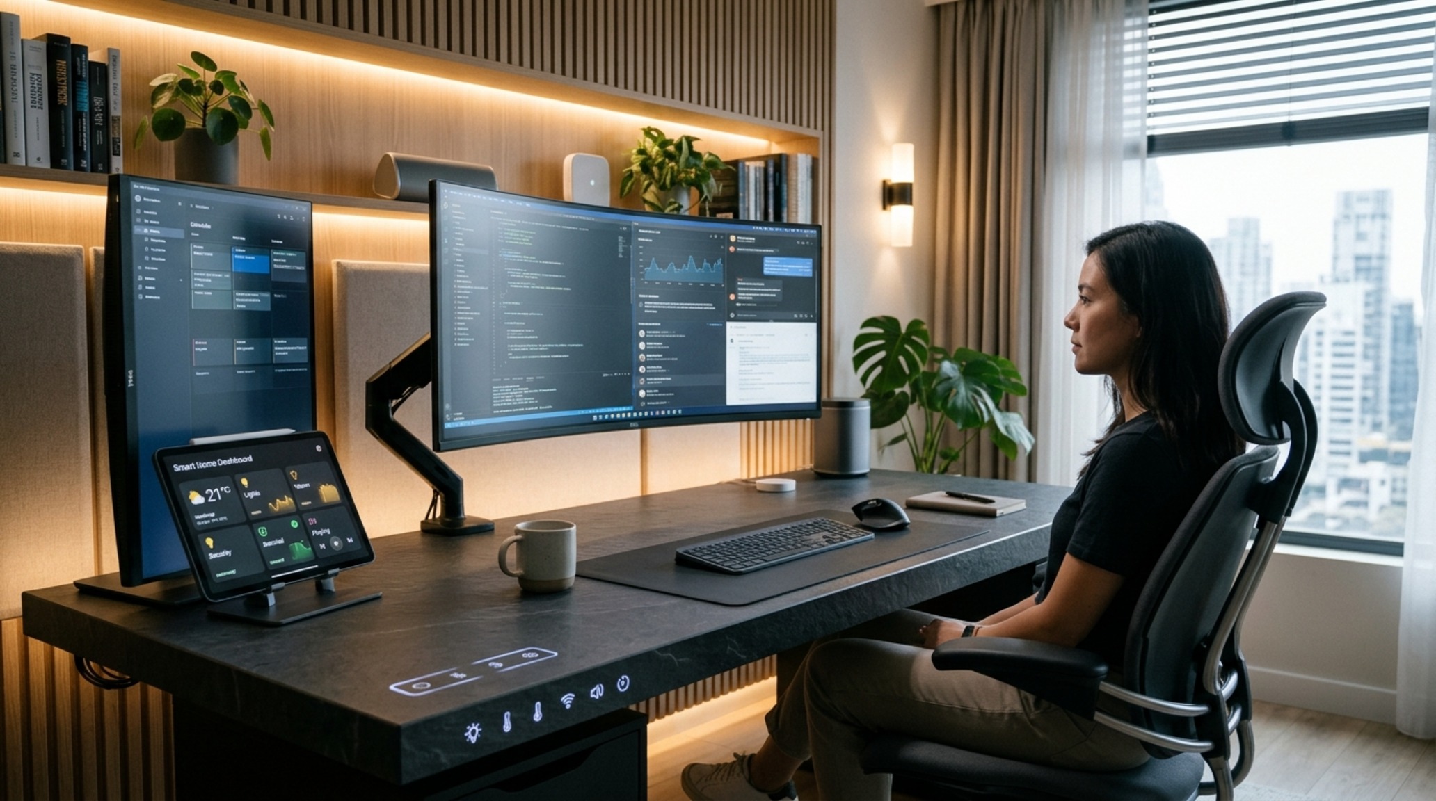 smart home infrastructure with a custom stone-clad control panel and automated climate sensors hidden within architectural millwork.