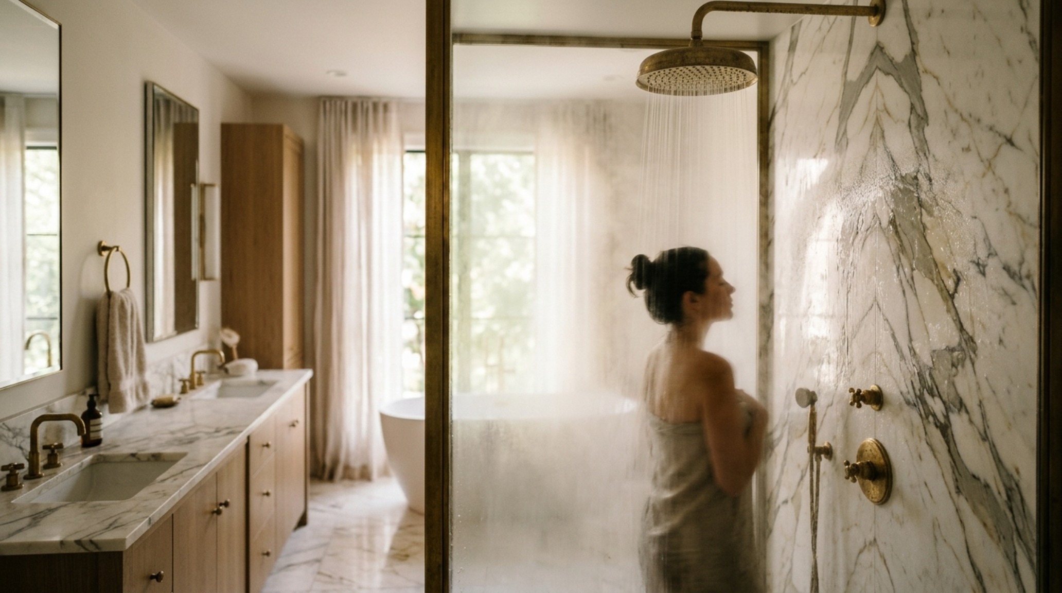 premium home construction costs evident in a master ensuite with a book-matched marble shower and solid brass unlacquered fittings.