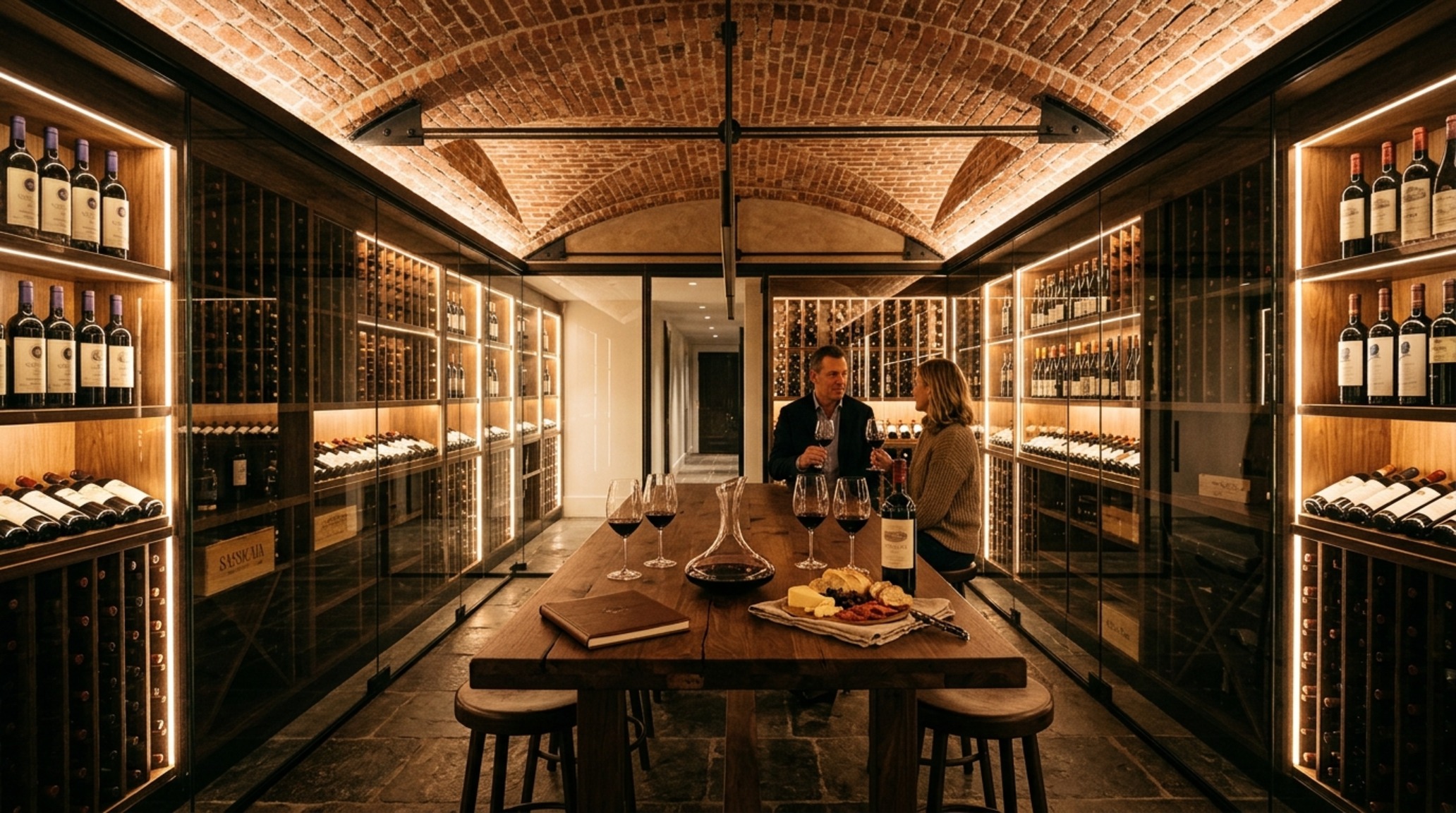 modern mansion interior ideas for a mood-lit wine cellar using reclaimed brick vaults and temperature-controlled glass displays.