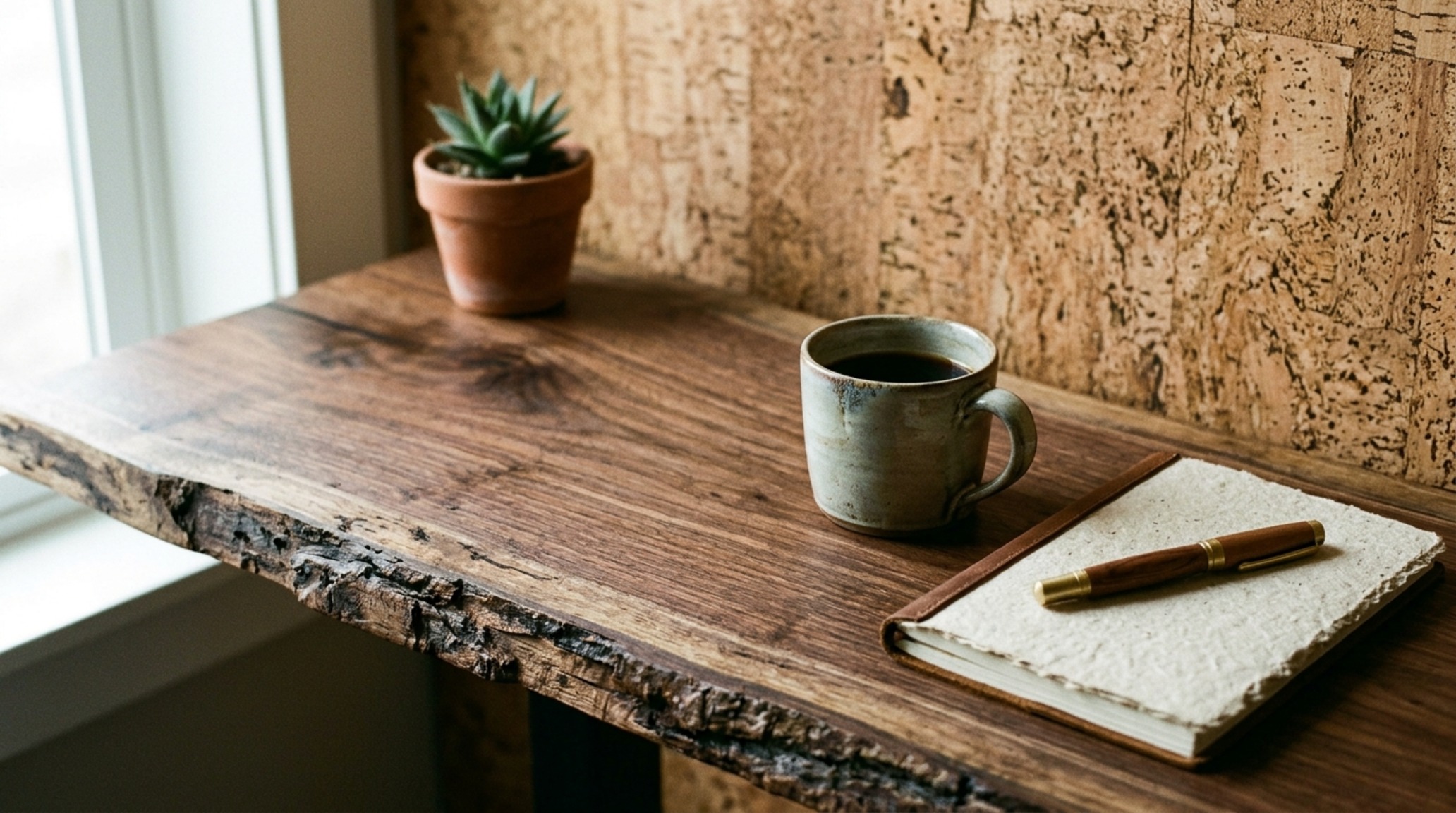 sustainable luxury materials used in a bespoke home office with cork-lined walls and a desk carved from a single fallen walnut tree.