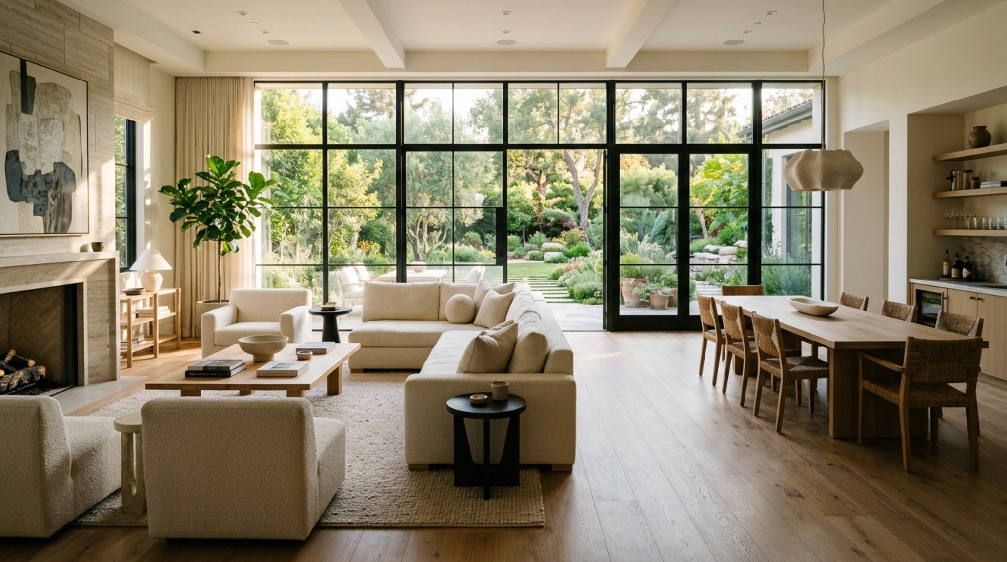 open-concept estate floor plans showing a seamless transition between a sunken lounge and a professional-grade kitchen with 48-inch circulation paths.